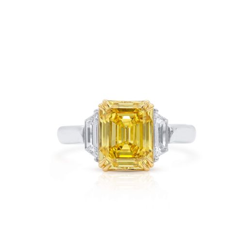 艳 黄色 钻石 戒指, 3.08 重量 (3.46 克拉 总重), 祖母绿型 形状, GIA 认证, 2211861123