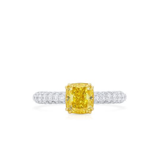 艳 黄色 钻石 戒指, 1.58 重量 (2.37 克拉 总重), 枕型 形状, GIA 认证, 2183665543