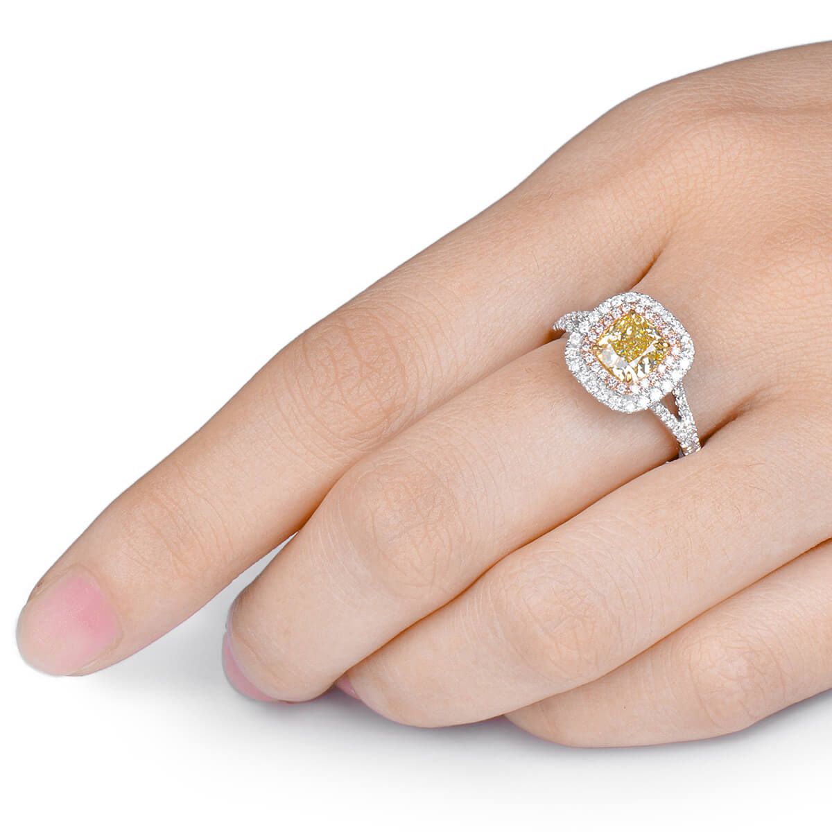 Fancy Yellow Diamond Ring, 1.37 Ct. (1.84 Ct. TW), Cushion shape, GIA Certified, 6202753557
