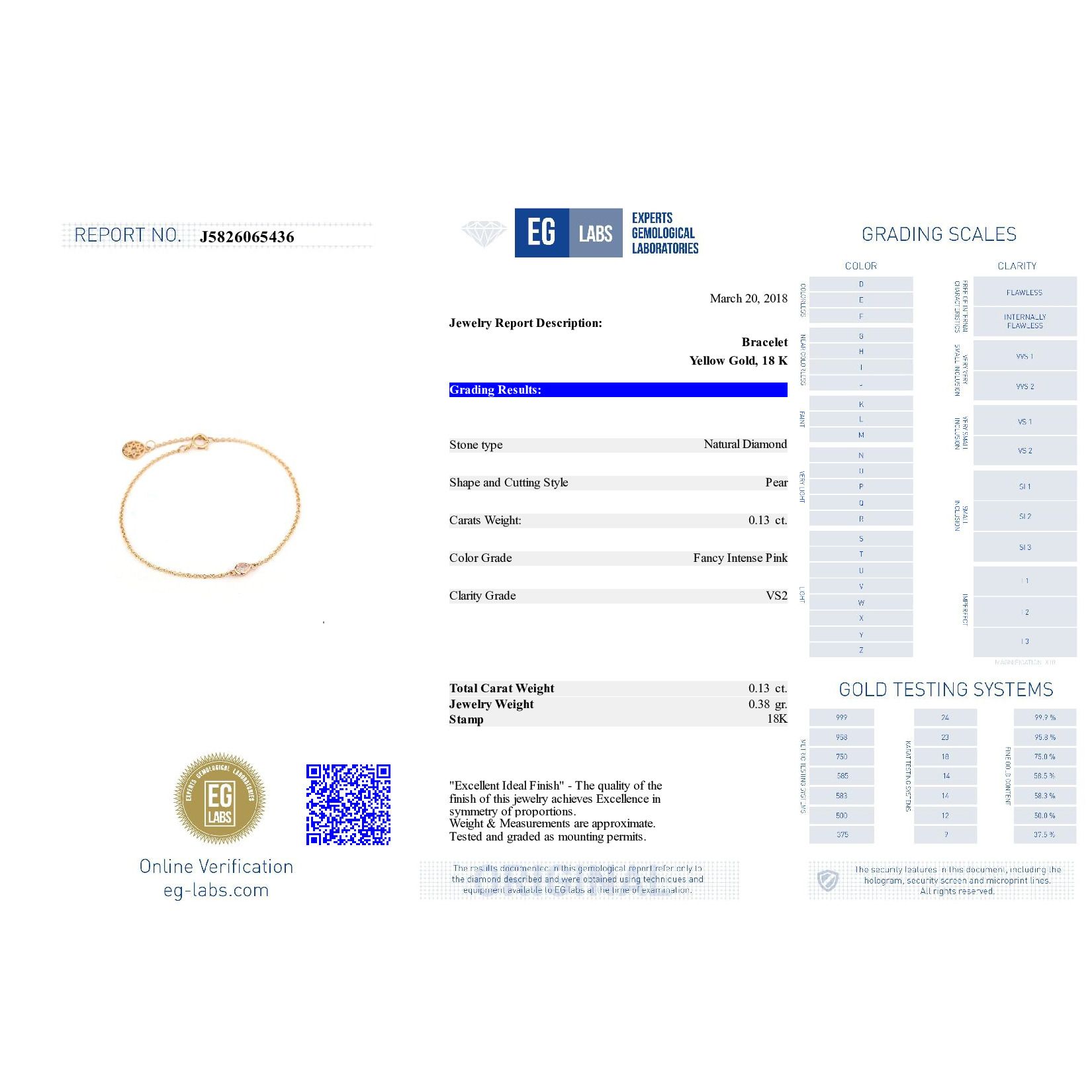 Fancy Intense Pink Diamond Bracelet, 0.13 Carat, Pear shape, EG_Lab Certified, J5826065436