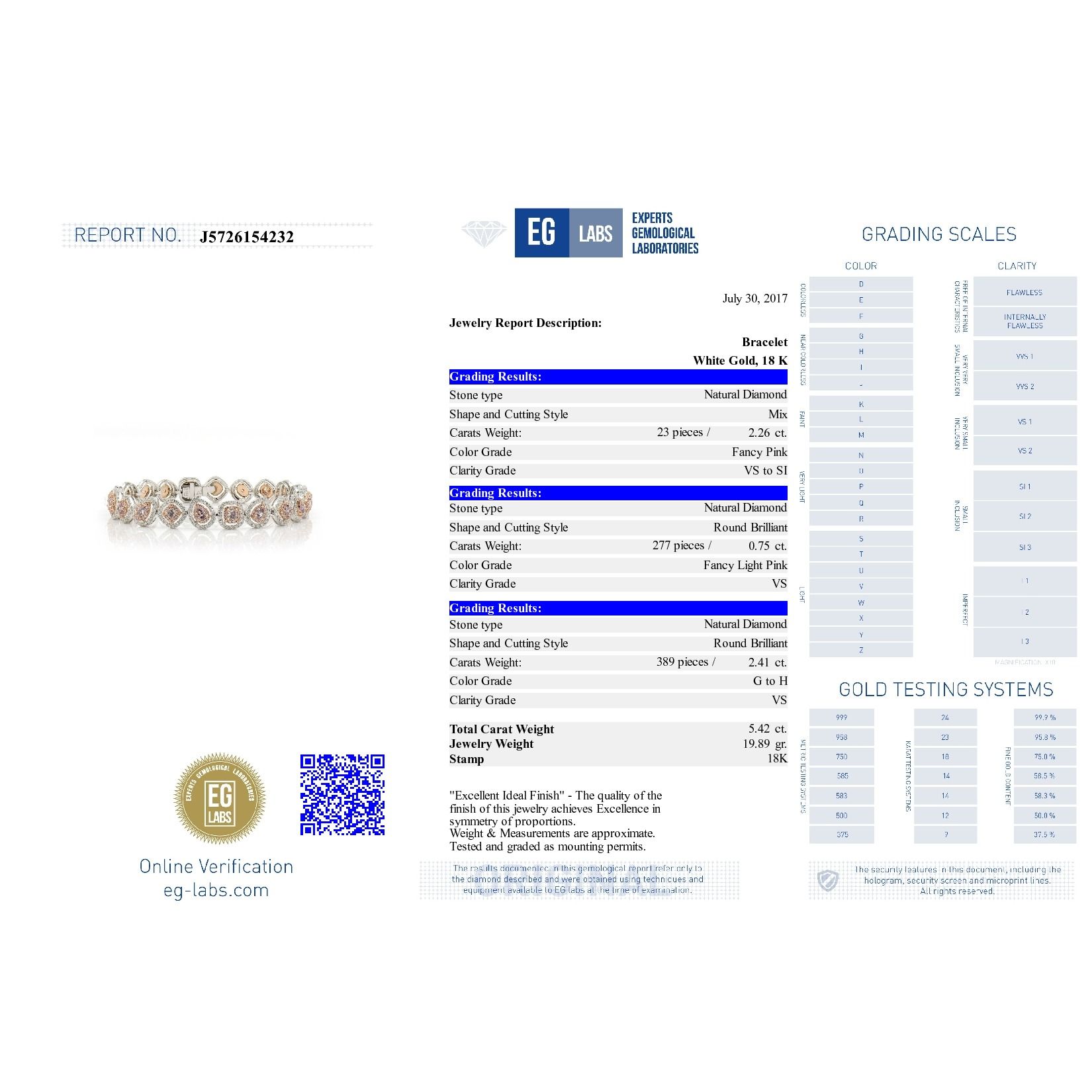 Fancy Pink Diamond Bracelet, 2.26 Ct. (5.42 Ct. TW), Mix shape, EG_Lab Certified, J5726154232