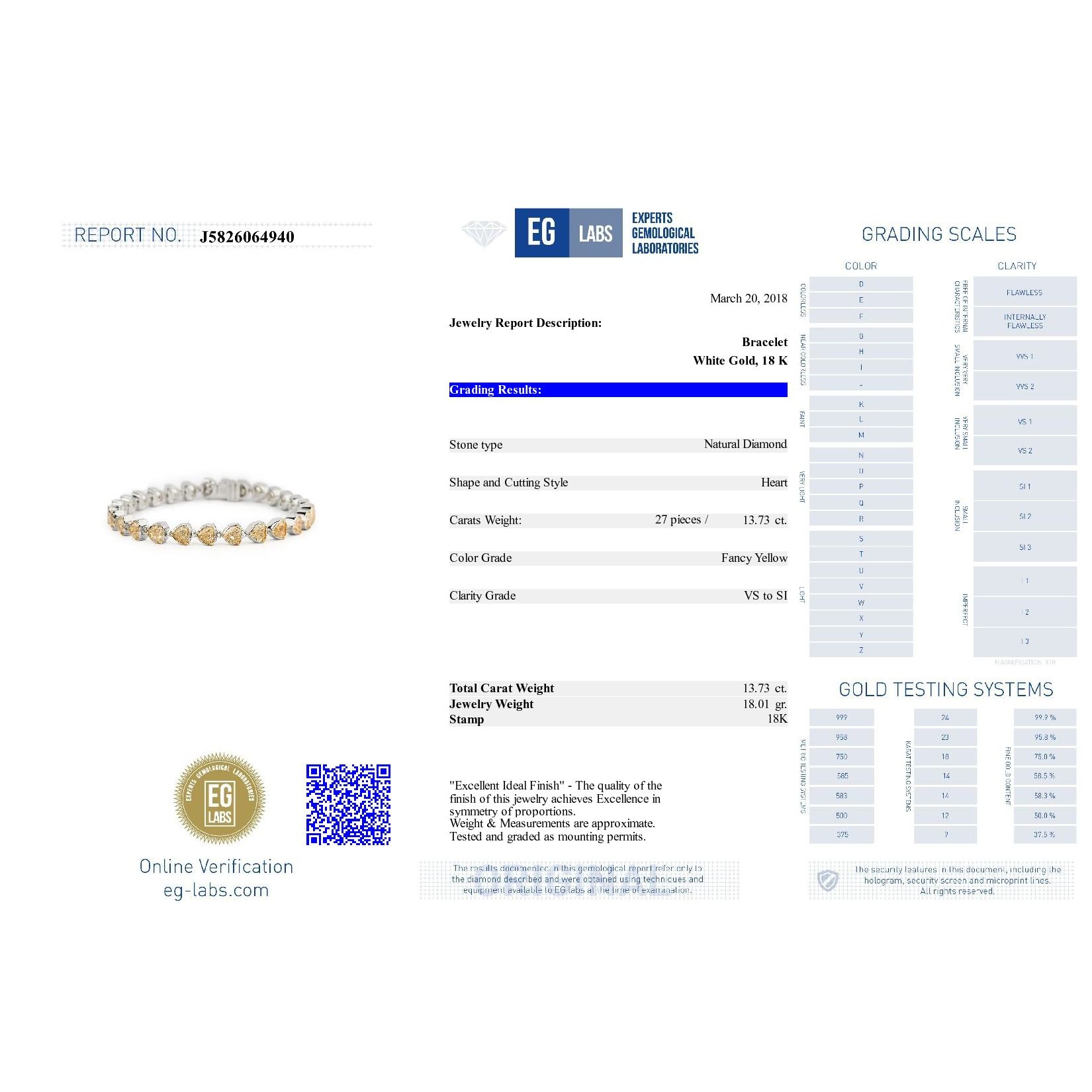 Fancy Intense Yellow Diamond Bracelet, 13.73 Carat, Heart shape, EG_Lab Certified, J5826064940