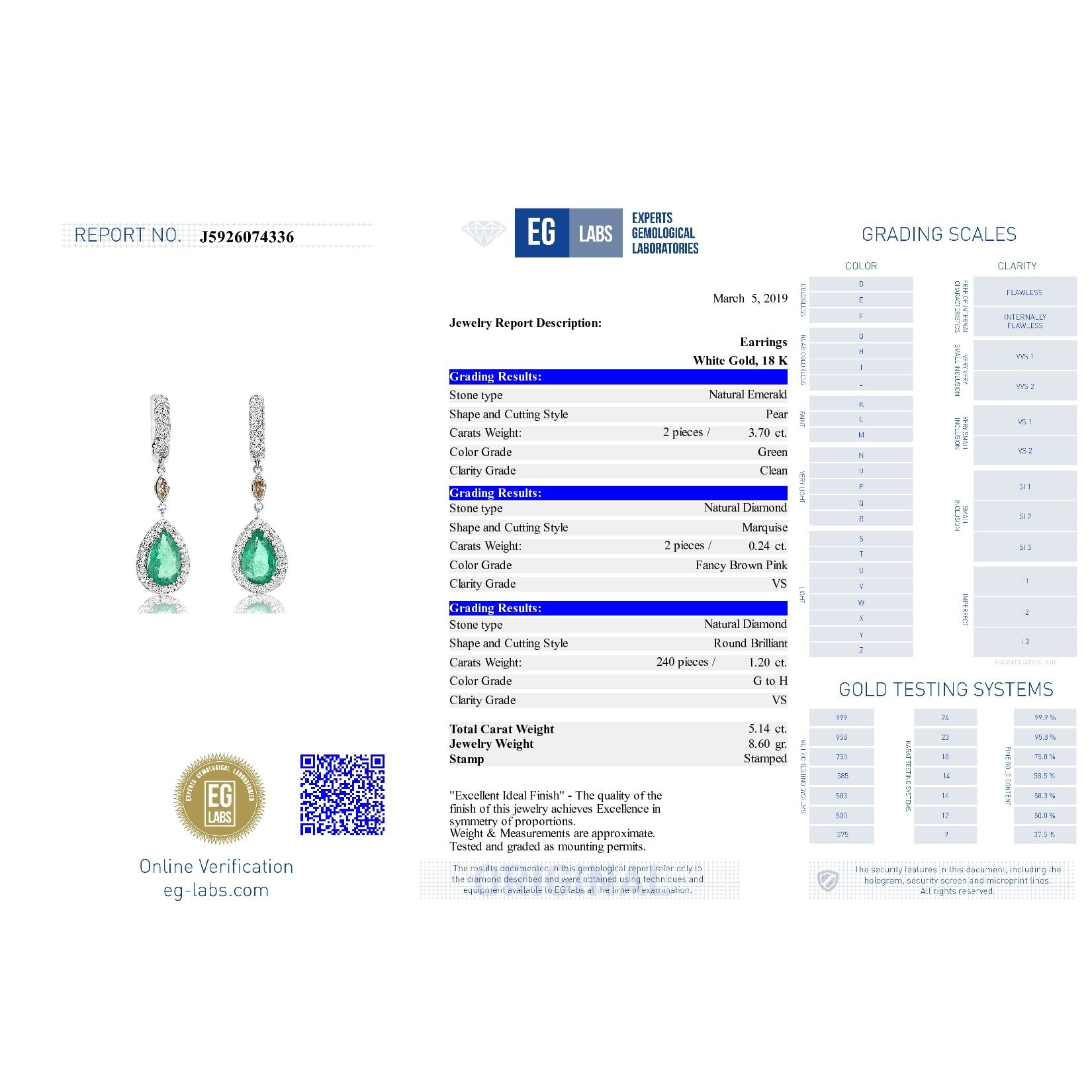 Natural GREEN Emerald Earrings, 3.70 Ct. (5.14 Ct. TW), EG_Lab Certified, J5926074336, Unheated