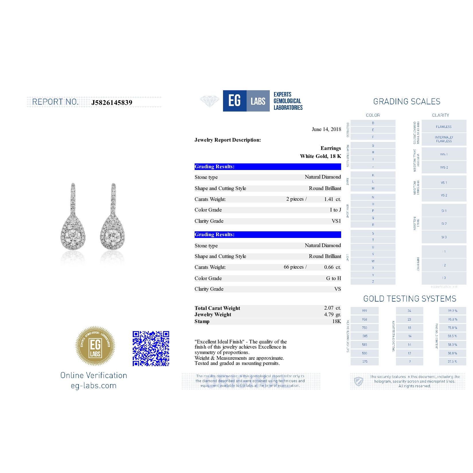  White Diamond Earrings, 1.41 Ct. (2.07 Ct. TW), Round shape, EG_Lab Certified, J5826145839