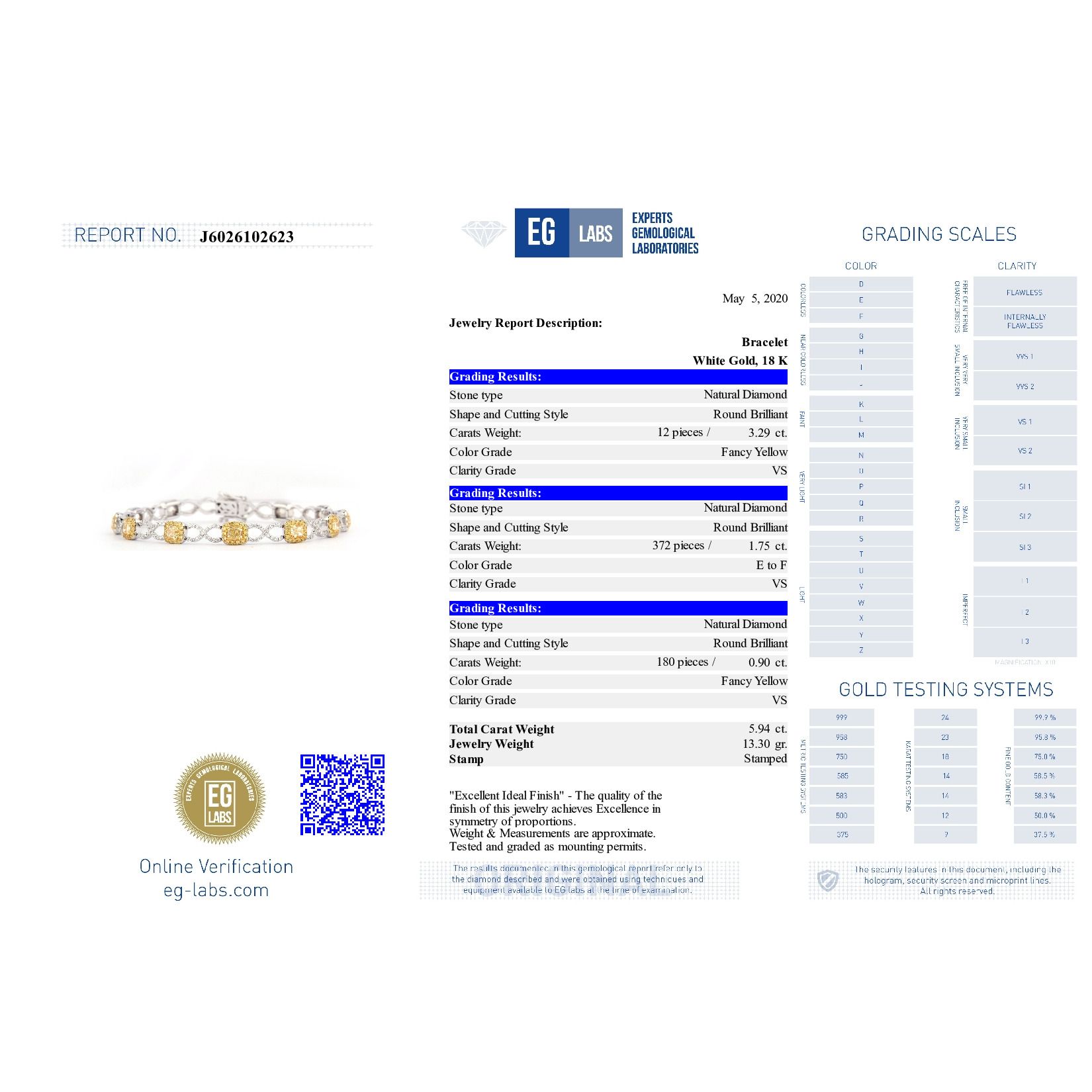 Fancy Yellow Diamond Bracelet, 3.29 Ct. (5.90 Ct. TW), Cushion shape, EG_Lab Certified, J6026102623