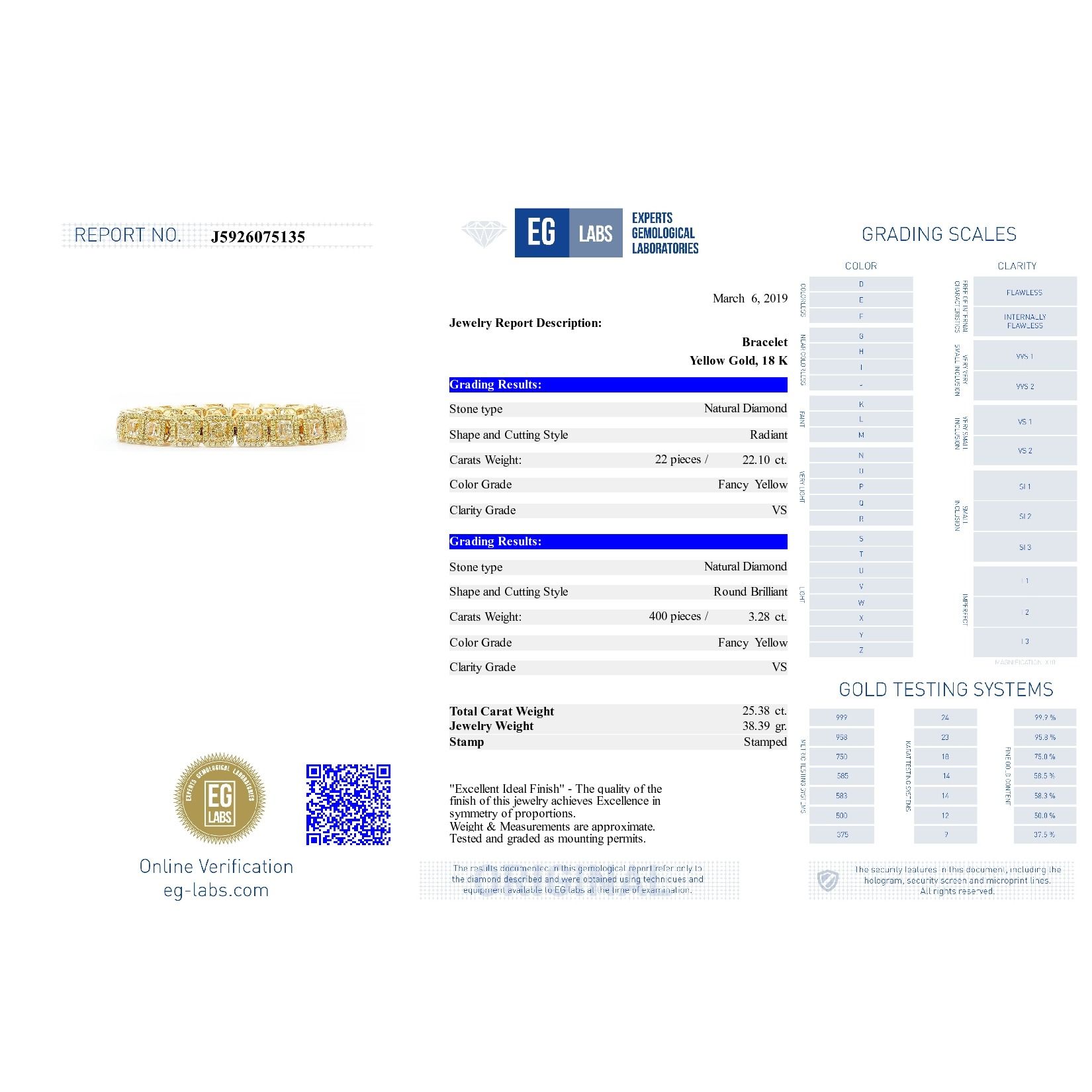 Fancy Intense Yellow Diamond Bracelet, 22.10 Ct. (25.38 Ct. TW), Radiant shape, EG_Lab Certified, J5926075135