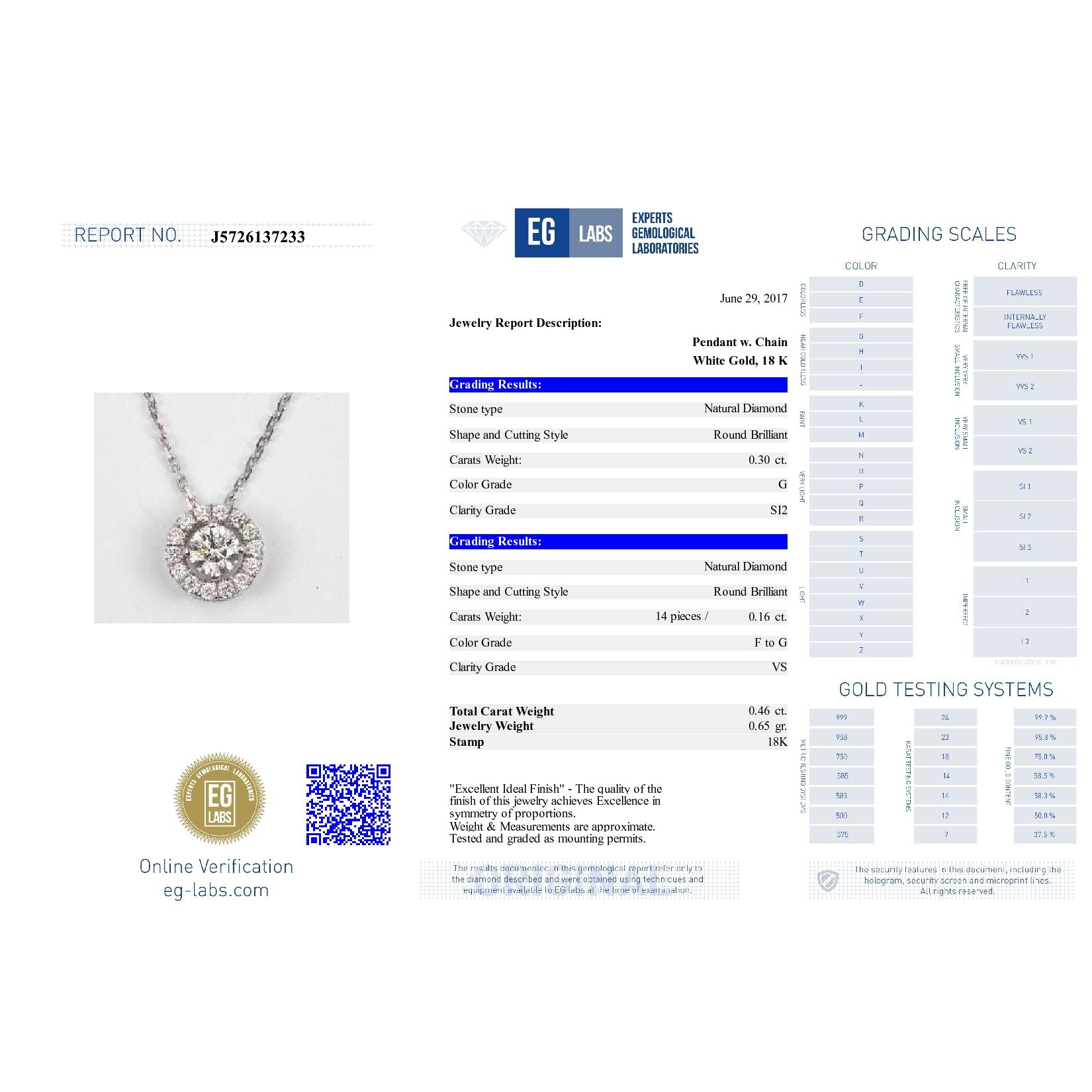 White Diamond Necklace, 0.30 Ct. (0.47 Ct. TW), Round shape, EG_Lab Certified, J5726137233
