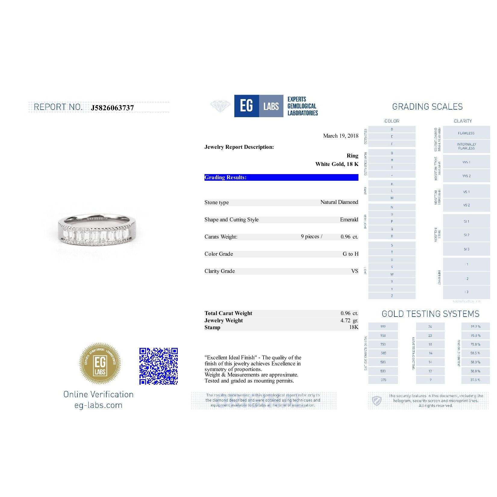  White Diamond Ring, 0.96 Carat, Emerald shape, EG_Lab Certified, J5826063737