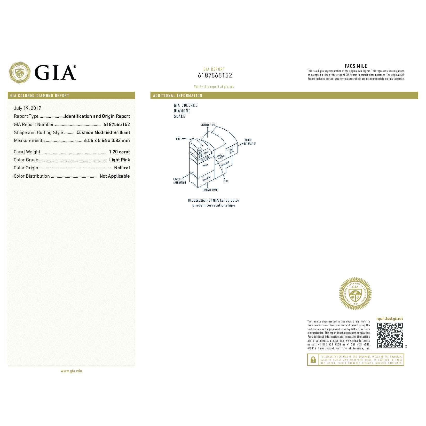 Light Pink Diamond Ring, 1.20 Ct. (1.93 Ct. TW), Cushion shape, GIA Certified, 6187565152