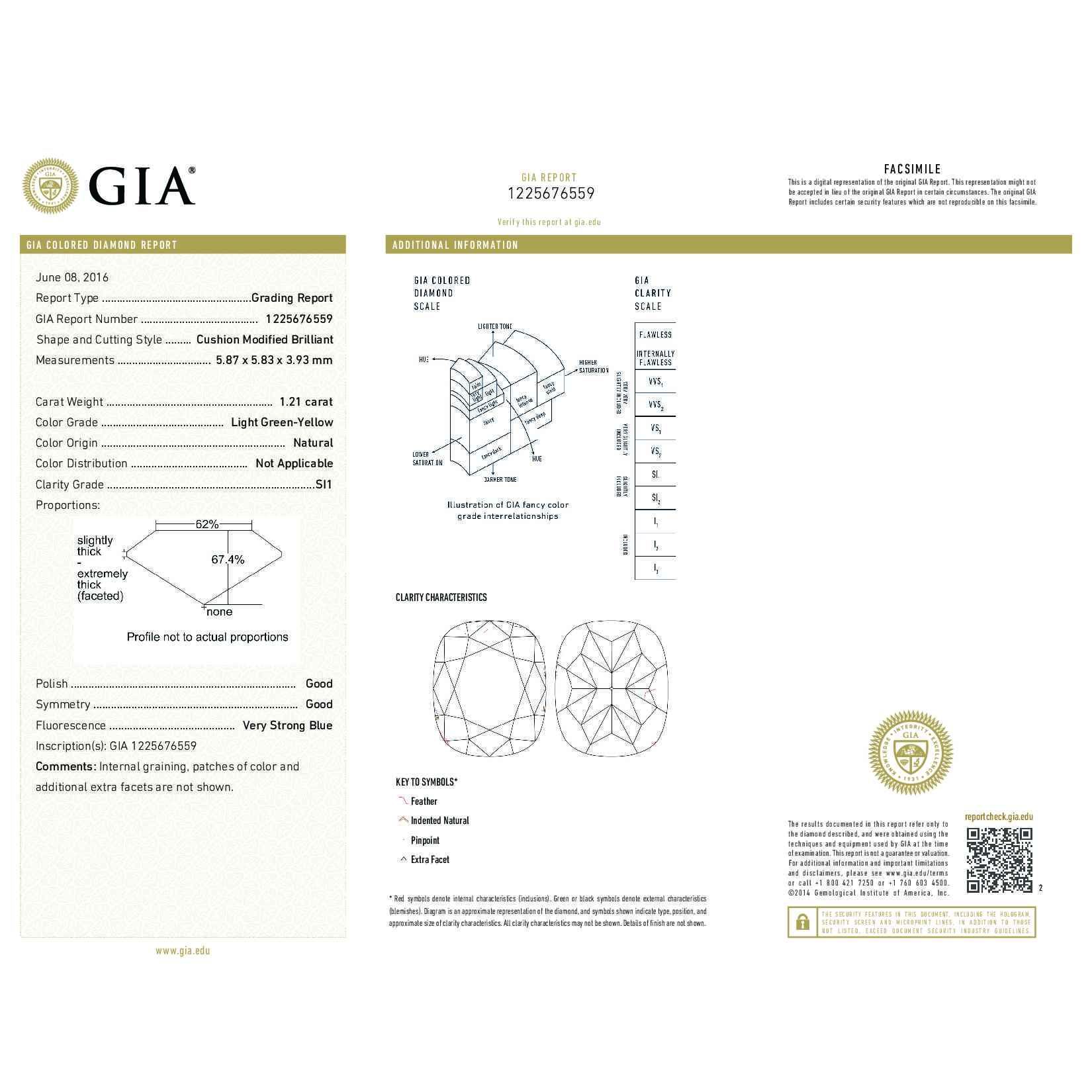 Light Green Yellow Diamond Ring, 1.21 Ct. (1.82 Ct. TW), Cushion shape, GIA Certified, 1225676559