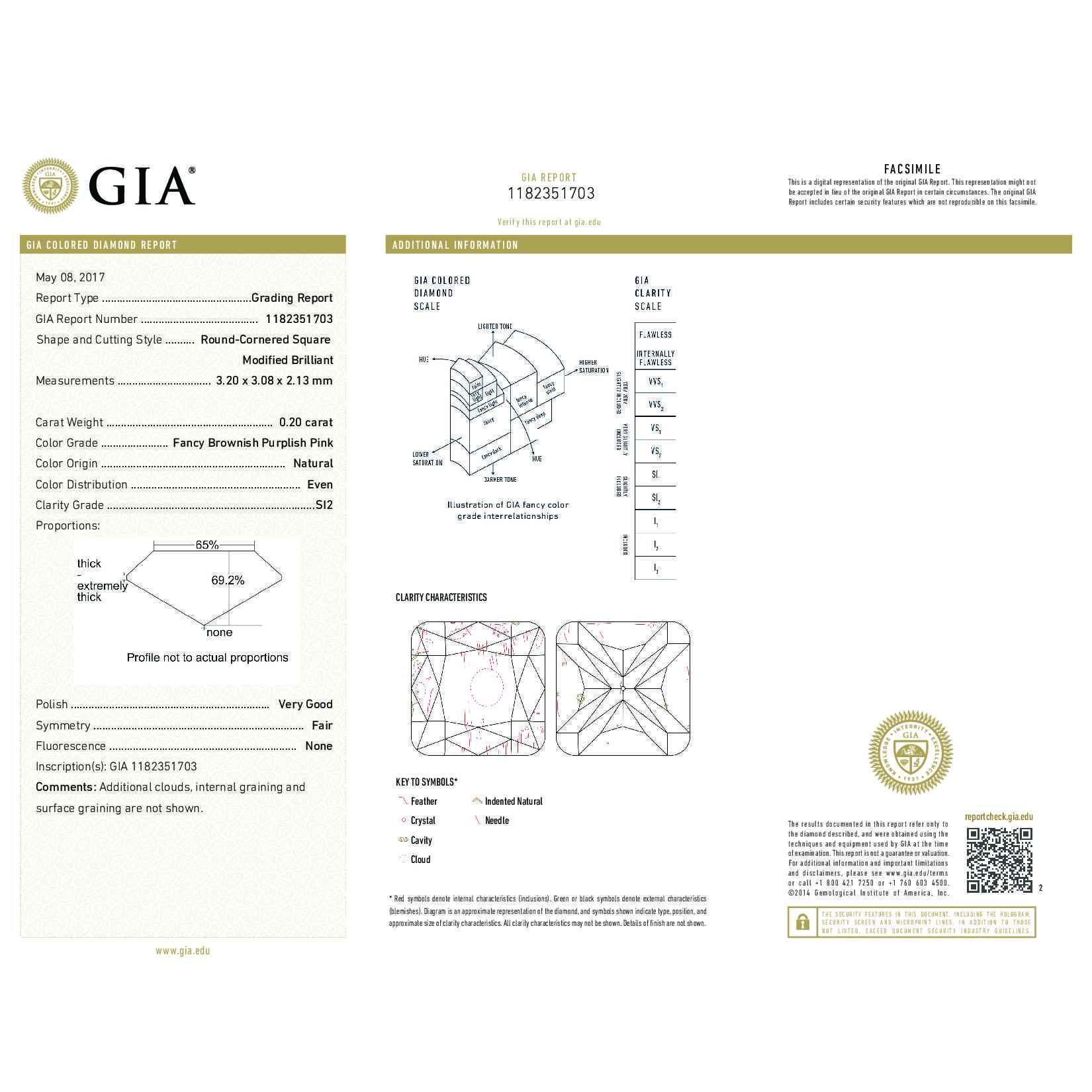 Fancy Brownish Purplish Pink Diamond Ring, 0.20 Ct. (0.56 Ct. TW), Radiant shape, GIA Certified, 1182351703