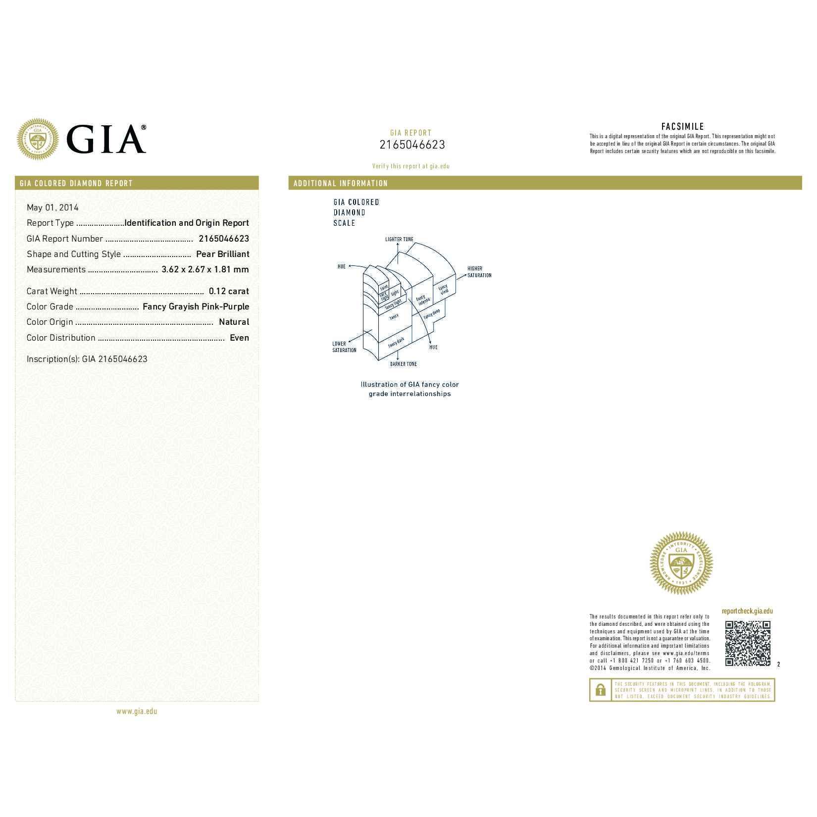 Fancy Pink Grayish Purple Diamond Ring, 0.12 Ct. (0.48 Ct. TW), Pear shape, GIA Certified, 2165046623