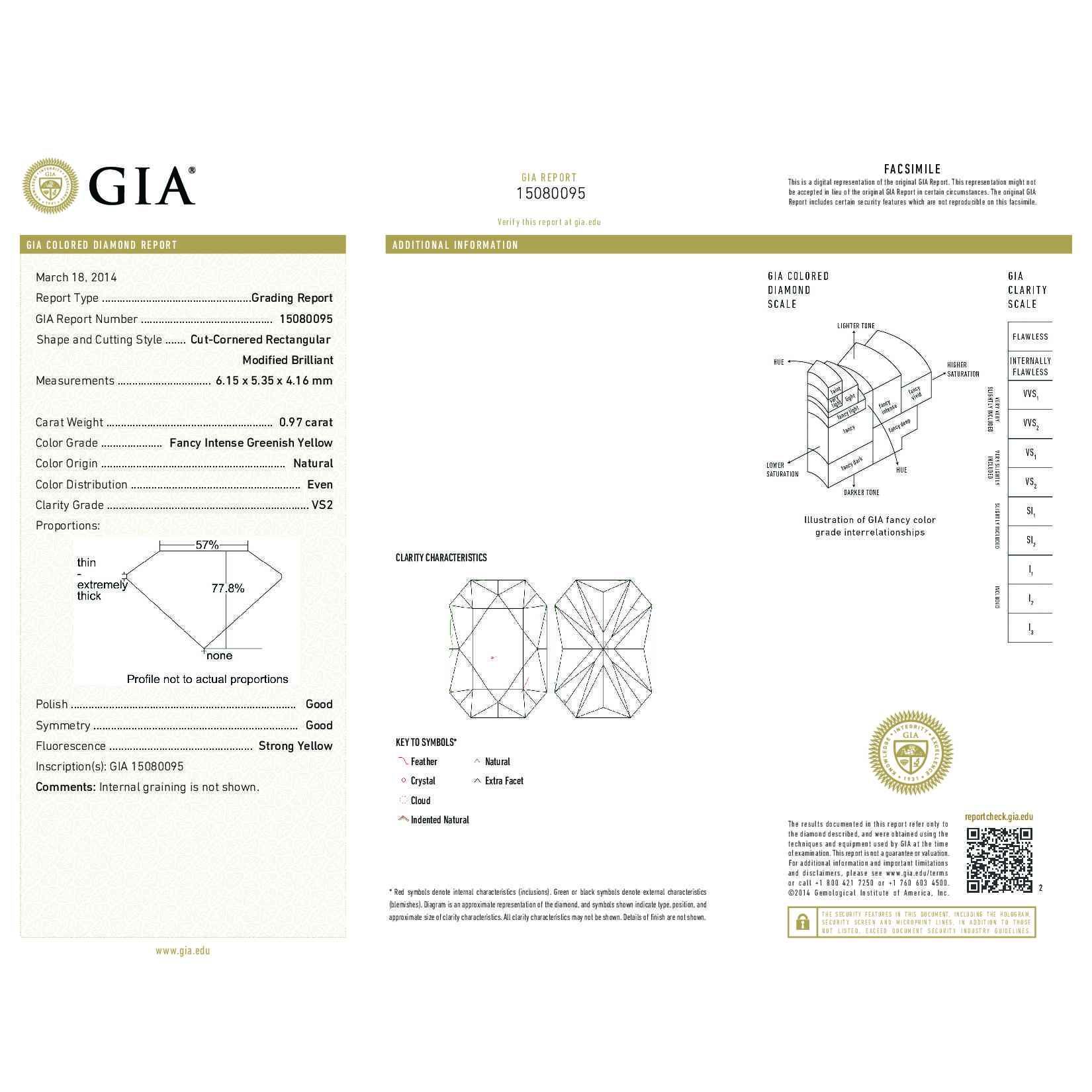 Fancy Intense Greenish Yellow Diamond Ring, 0.97 Ct. (2.25 Ct. TW), Radiant shape, GIA Certified, 15080095