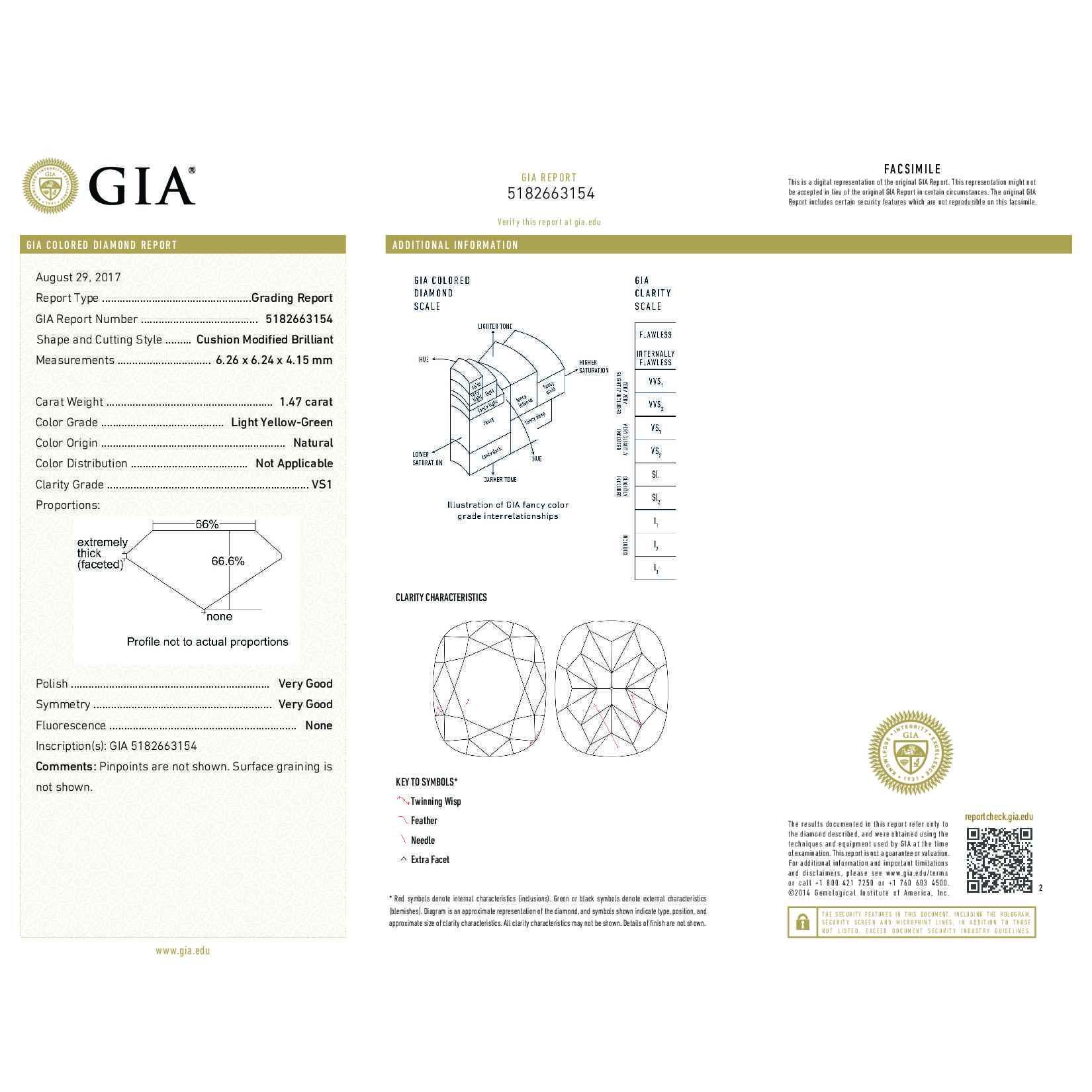 Light Yellow Green Diamond Ring, 1.47 Ct. (2.09 Ct. TW), Cushion shape, GIA Certified, 5182663154