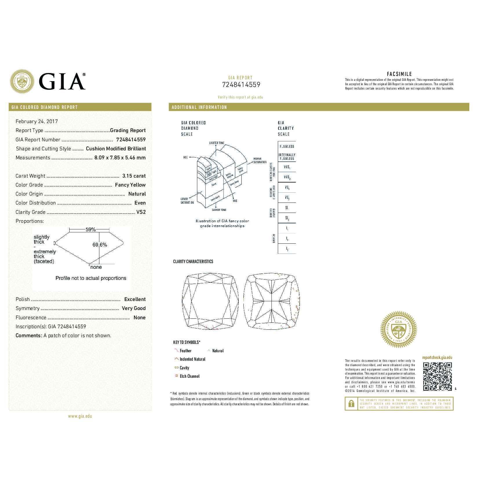 Fancy Yellow Diamond Ring, 3.15 Ct. (4.35 Ct. TW), Cushion shape, GIA Certified, 7248414559