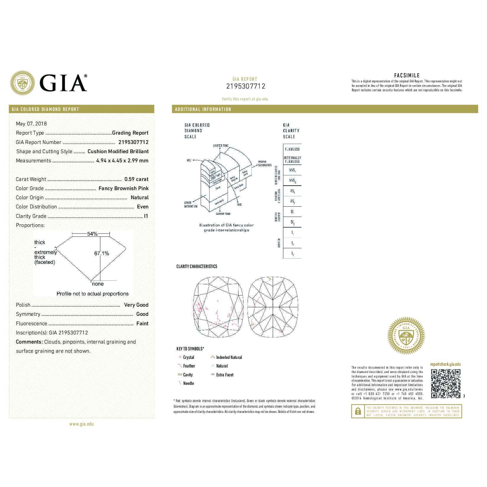 Fancy Brownish Pink Diamond Ring, 0.59 Ct. (1.60 Ct. TW), Cushion shape, GIA Certified, 2195307712