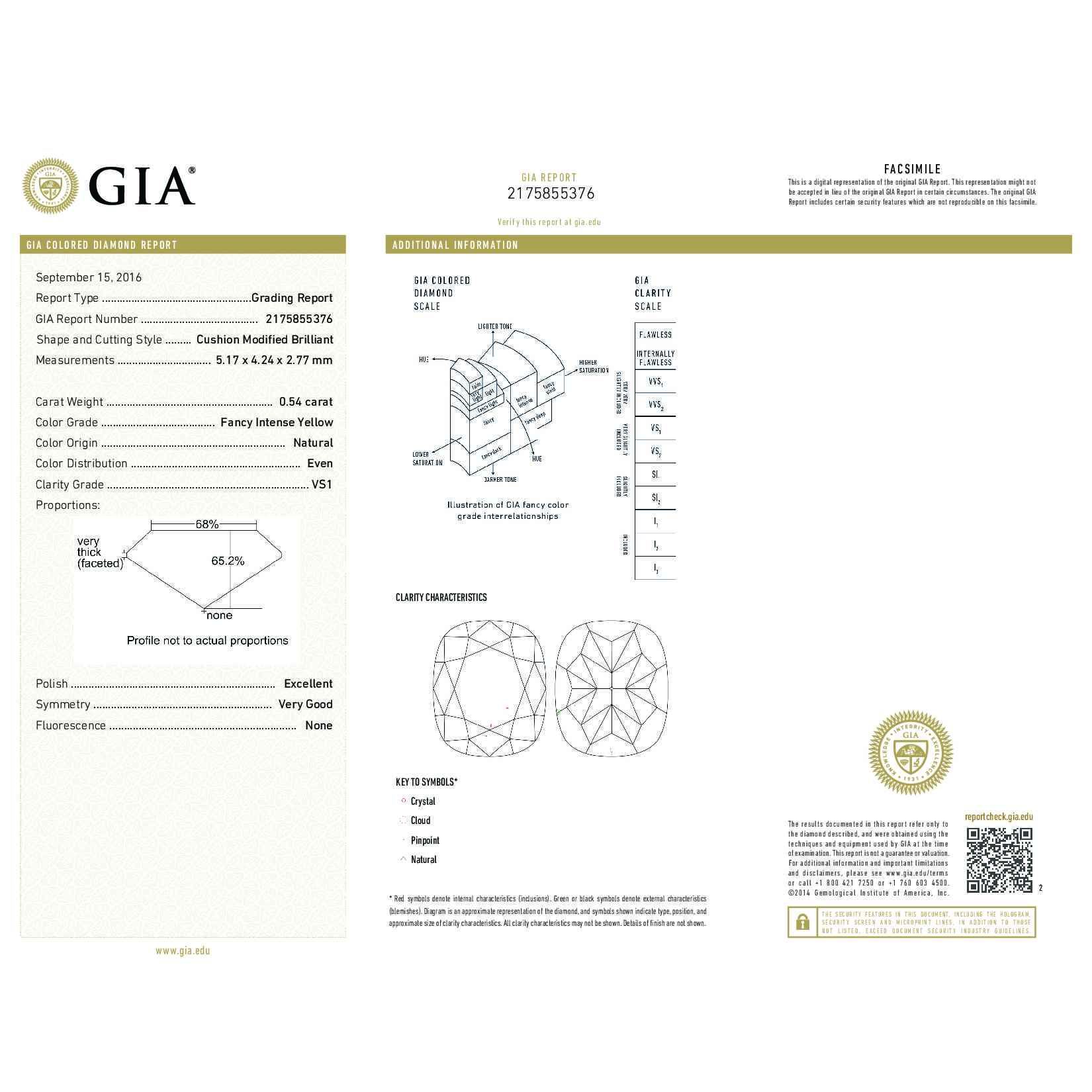 Fancy Intense Yellow Diamond Ring, 0.54 Ct. (1.59 Ct. TW), Cushion shape, GIA Certified, 2175855376
