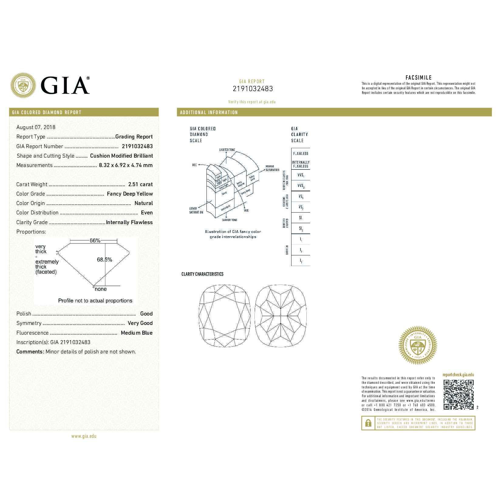 Fancy Deep Yellow Diamond Ring, 2.51 Ct. (3.01 Ct. TW), Cushion shape, GIA Certified, 2191032483