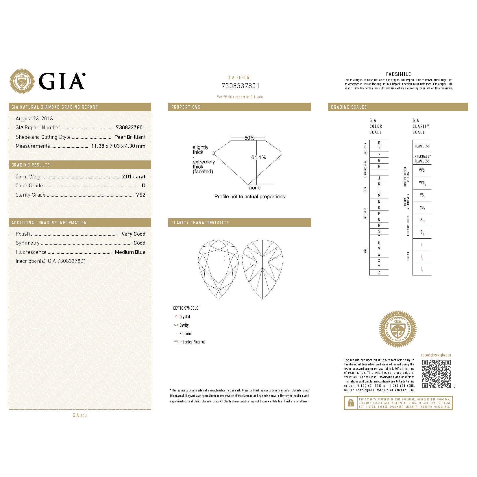  White Diamond Ring, 2.01 Ct. (2.45 Ct. TW), Pear shape, GIA Certified, 7308337801