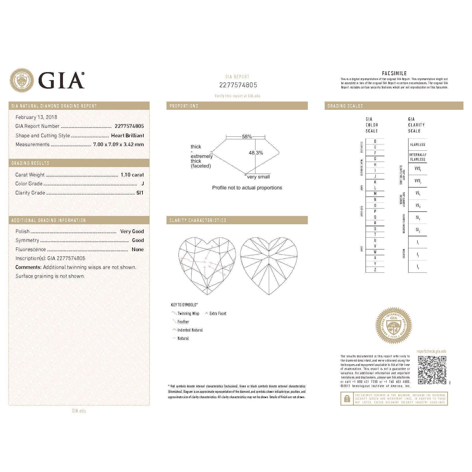  White Diamond Ring, 1.10 Ct. (1.47 Ct. TW), Heart shape, GIA Certified, 2277574805