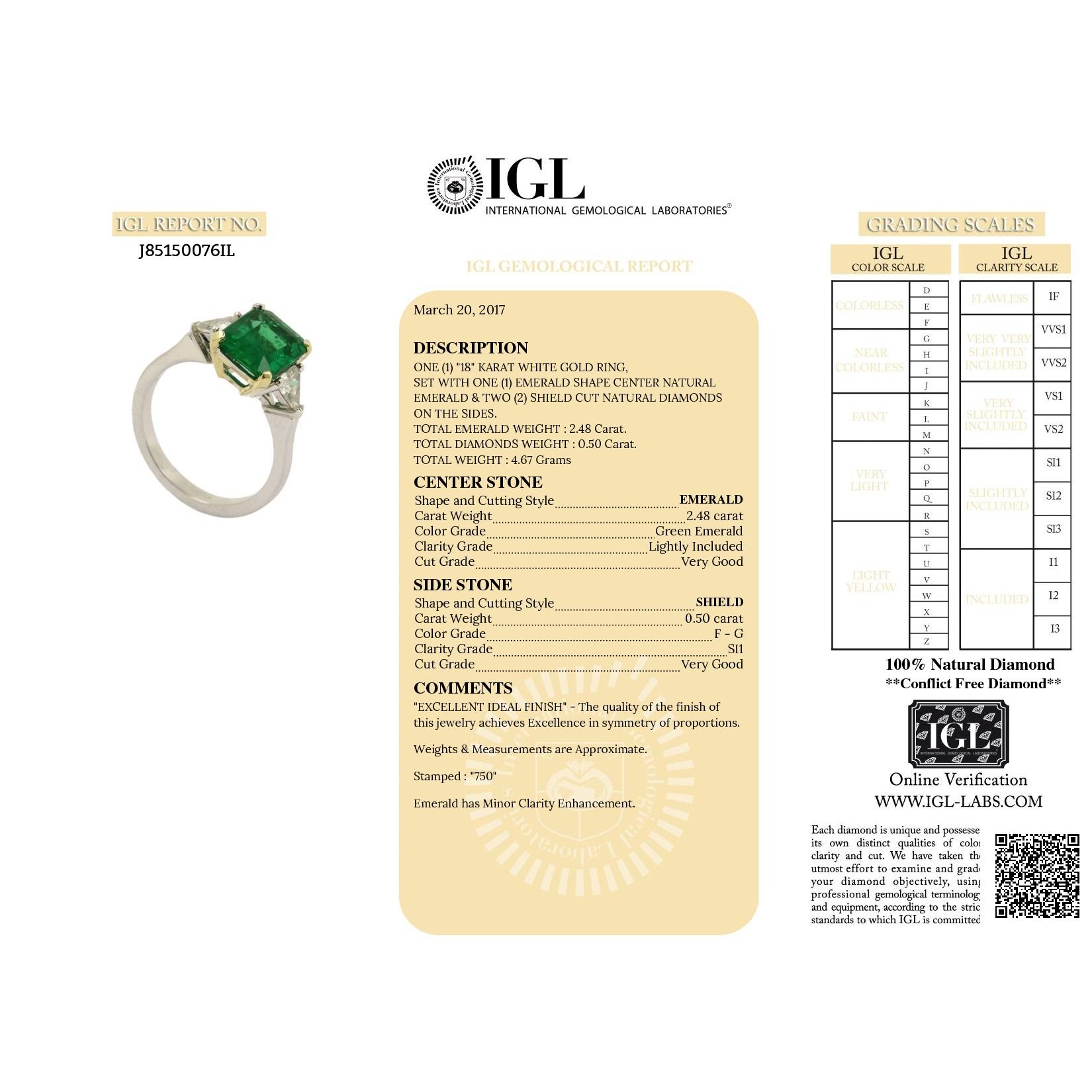 Natural GREEN Emerald Ring, 2.98 Ct. TW, IGL Certified, J85150076IL, Unheated