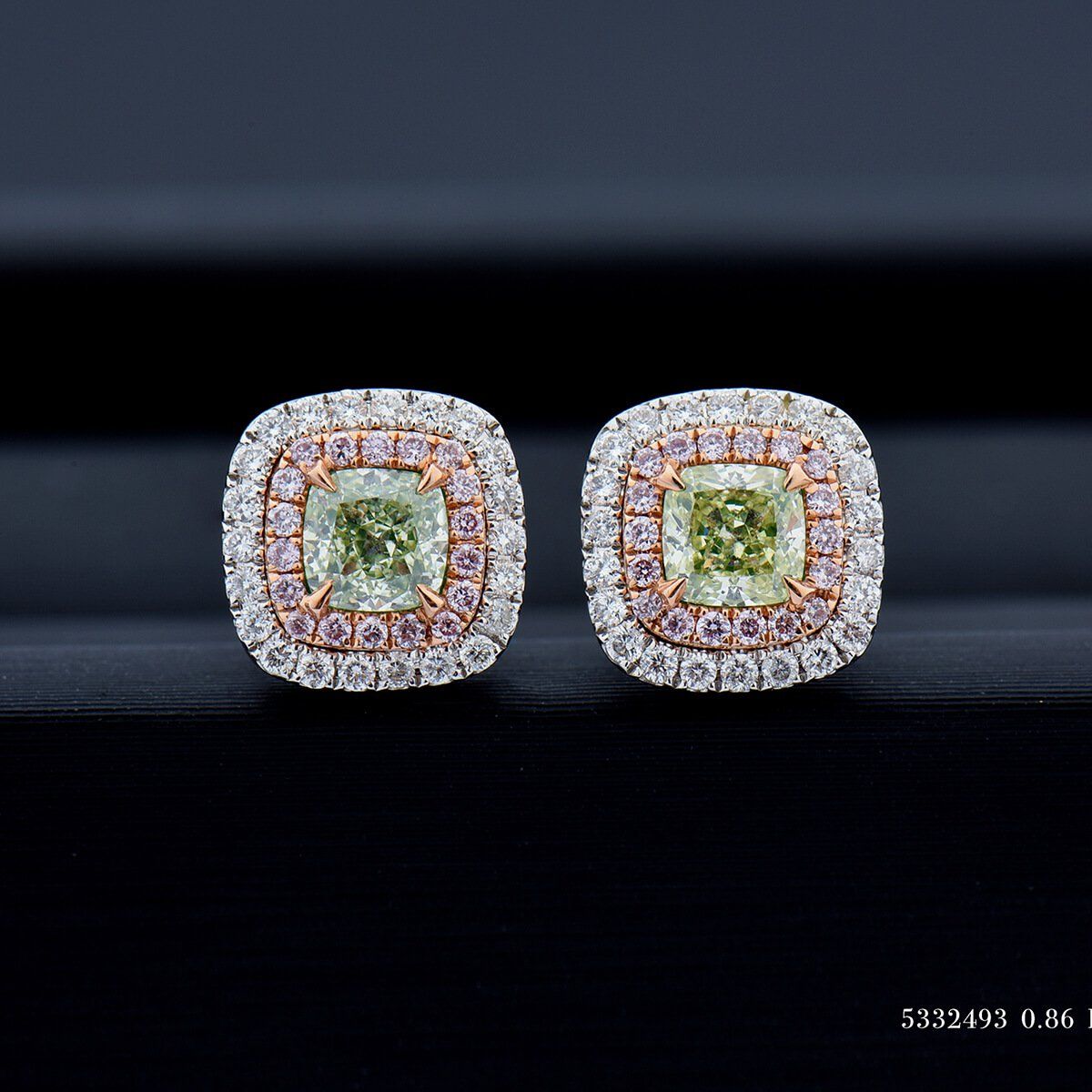 Light Greenish Yellow Diamond Earrings, 0.86 Ct. (1.25 Ct. TW), Cushion shape, GIA Certified, JCEF05332493