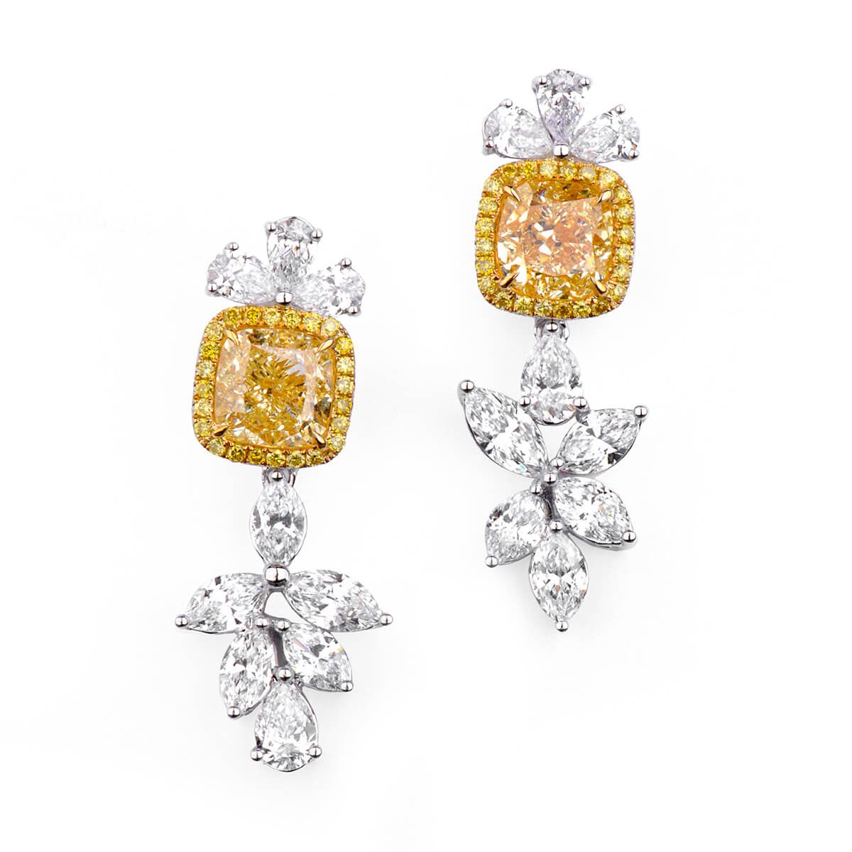 Fancy Light Yellow Diamond Earrings, 4.02 Ct. (5.07 Ct. TW), Cushion shape, GIA Certified, JCEF05344694
