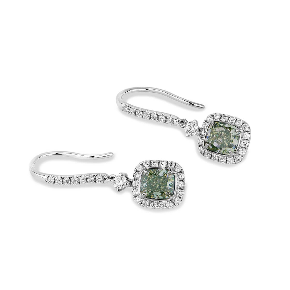 Light Yellow Green Diamond Earrings, 0.51 Carat, Cushion shape, GIA Certified, JCEF05382825