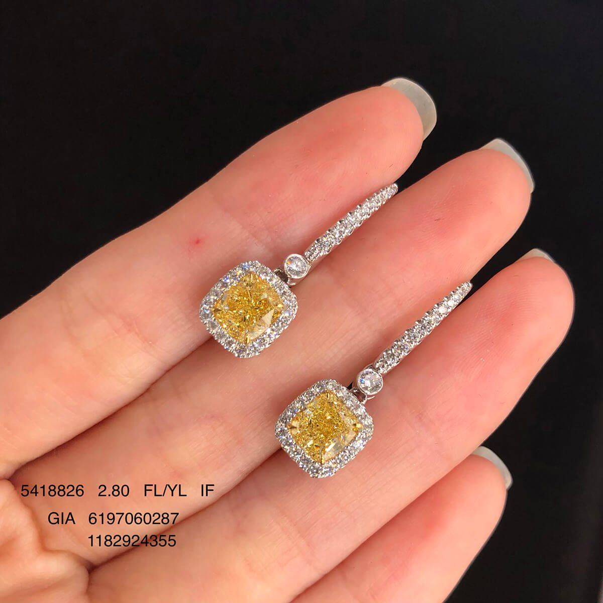 Fancy Light Yellow Diamond Earrings, 2.80 Ct. (3.37 Ct. TW), Cushion shape, GIA Certified, JCEF05418826