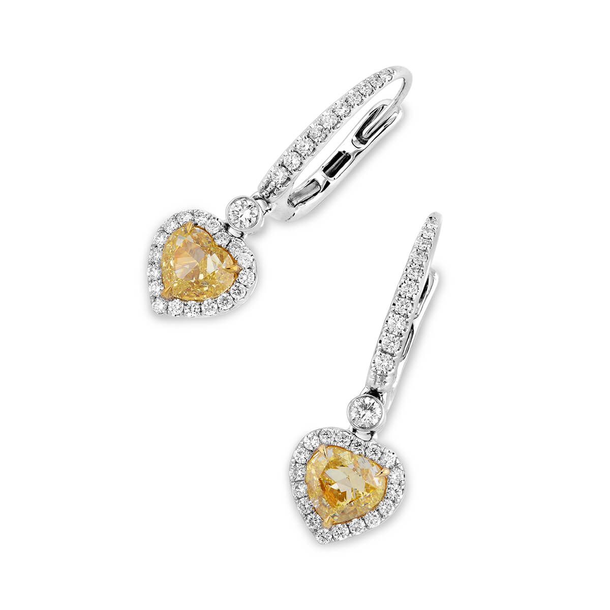 Fancy Yellow Diamond Earrings, 2.02 Ct. (2.53 Ct. TW), Heart shape, GIA Certified, JCEF05418835