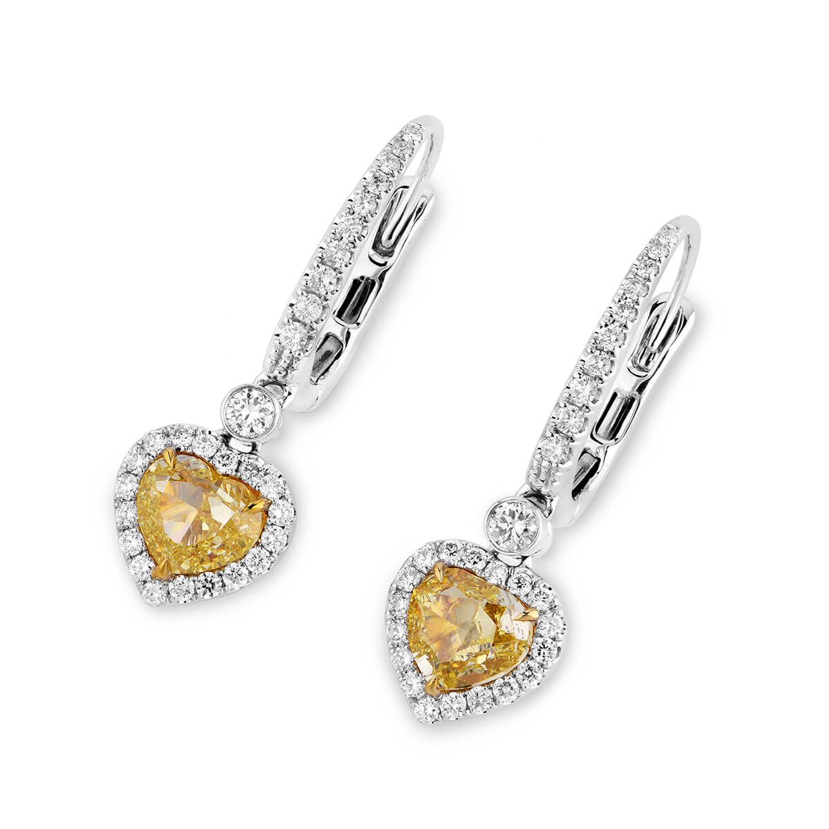 Fancy Yellow Diamond Earrings, 2.02 Ct. (2.53 Ct. TW), Heart shape, GIA Certified, JCEF05418835