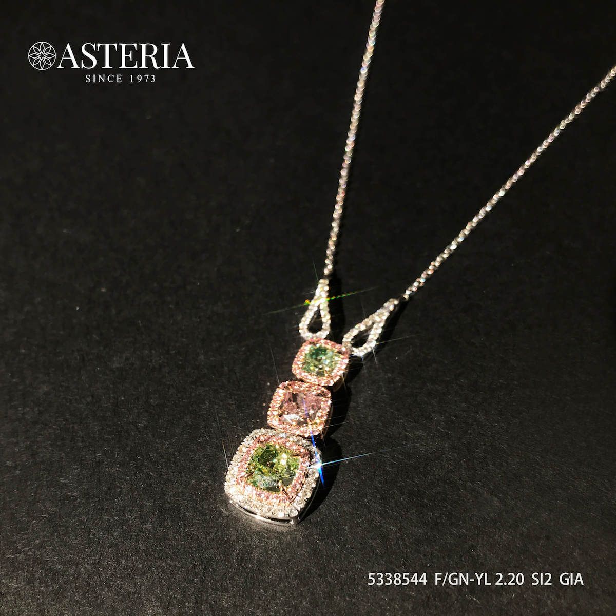 Fancy Light Yellow Green Diamond Necklace, 2.20 Ct. (2.72 Ct. TW), Cushion shape, GIA Certified, JCNF05338544