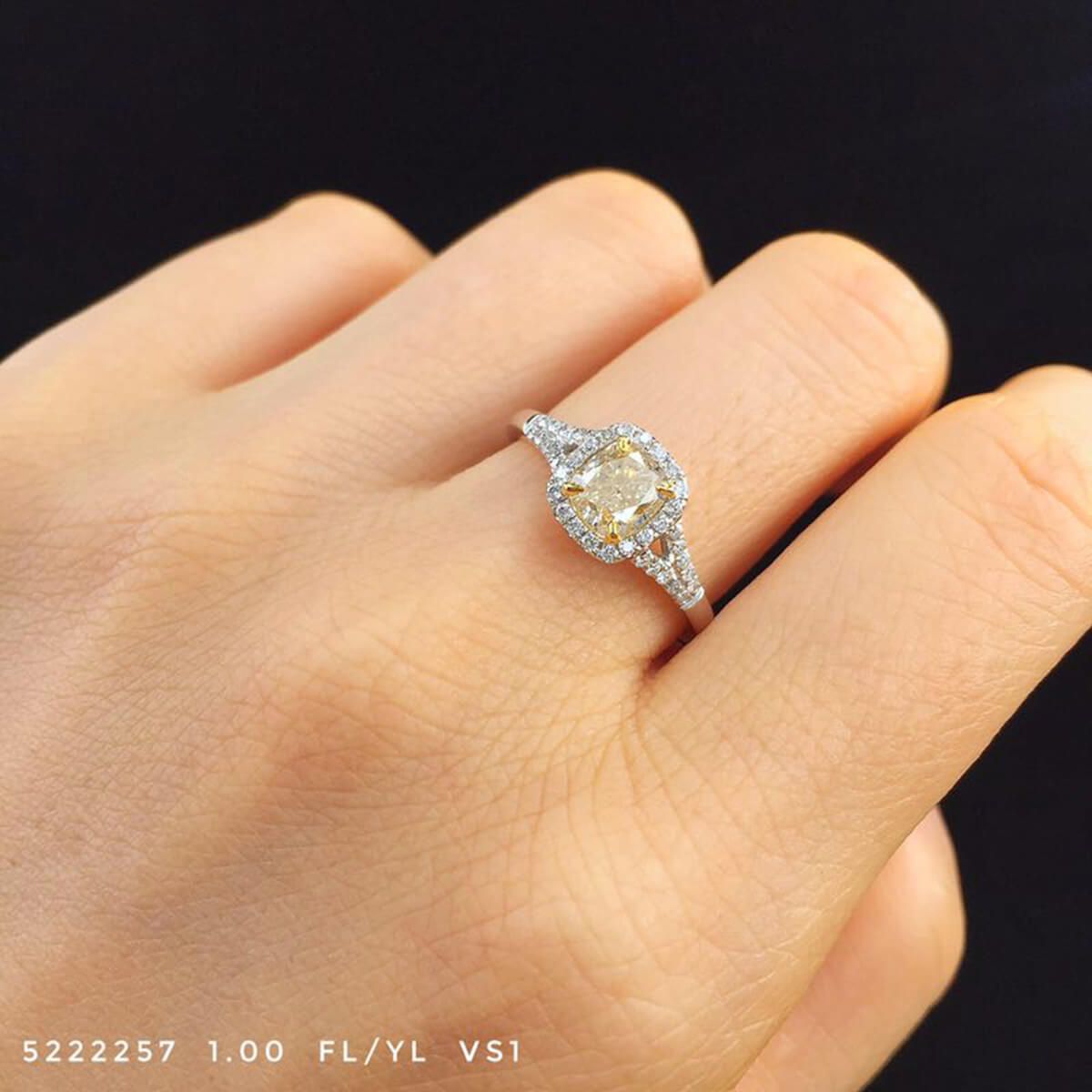 Fancy Light Yellow Diamond Ring, 1.00 Ct. (1.17 Ct. TW), Cushion shape, EG_Lab Certified, J520144