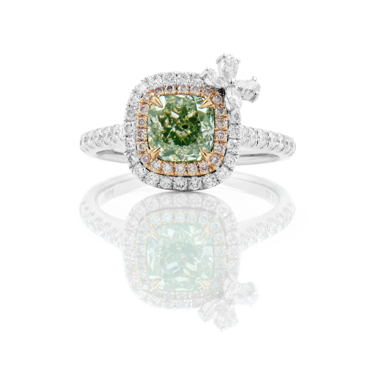 Light Green Yellow Diamond Ring, 1.21 Ct. (1.82 Ct. TW), Cushion shape, GIA Certified, 1225676559