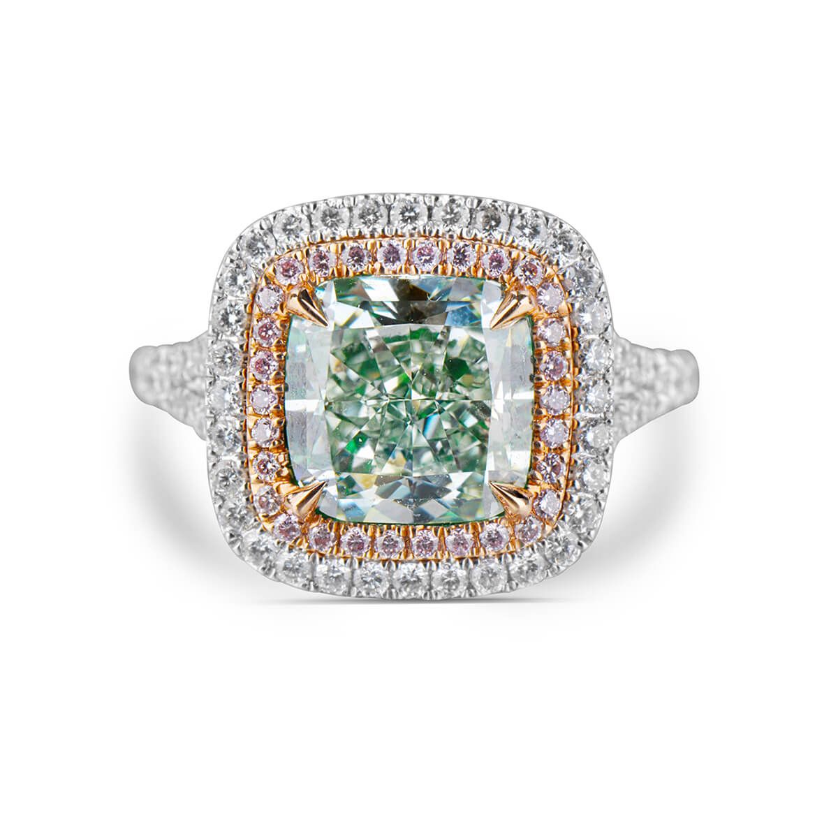 Fancy Light Yellowish Green Diamond Ring, 4.38 Ct. TW, Cushion shape, GIA Certified, 2115713505