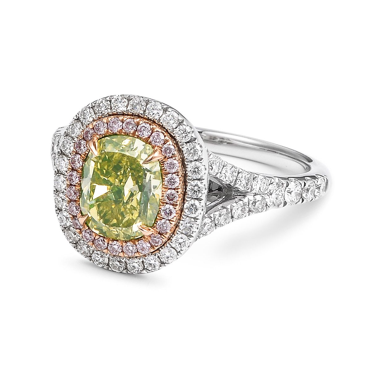 Fancy Intense Greenish Yellow Diamond Ring, 1.57 Ct. (2.59 Ct. TW), Cushion shape, GIA Certified, 1176178213