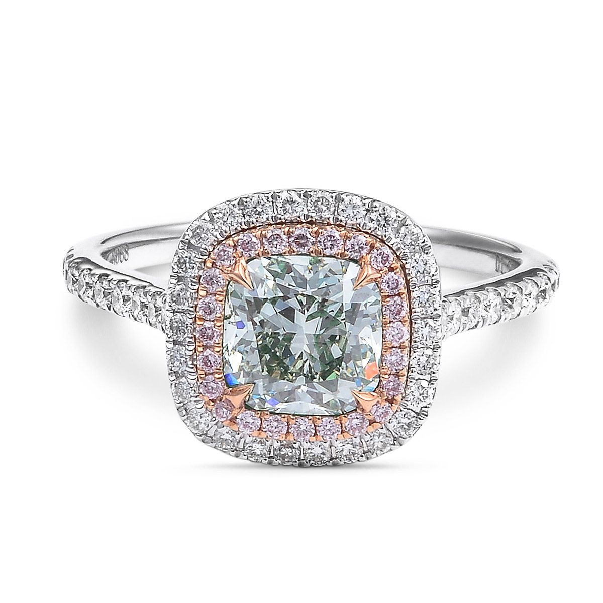 Fancy Light Gray Green Diamond Ring, 1.21 Ct. (1.73 Ct. TW), Cushion shape, GIA Certified, 2166790691