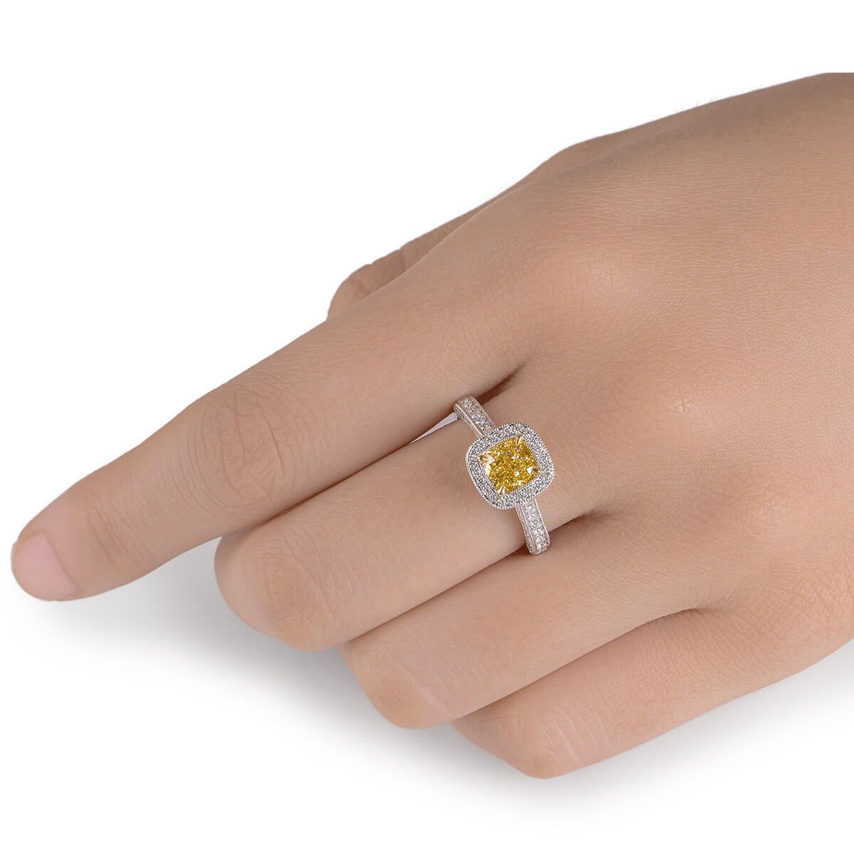 Fancy Yellow Diamond Ring, 1.61 Ct. TW, Cushion shape, GIA Certified, 6235202216