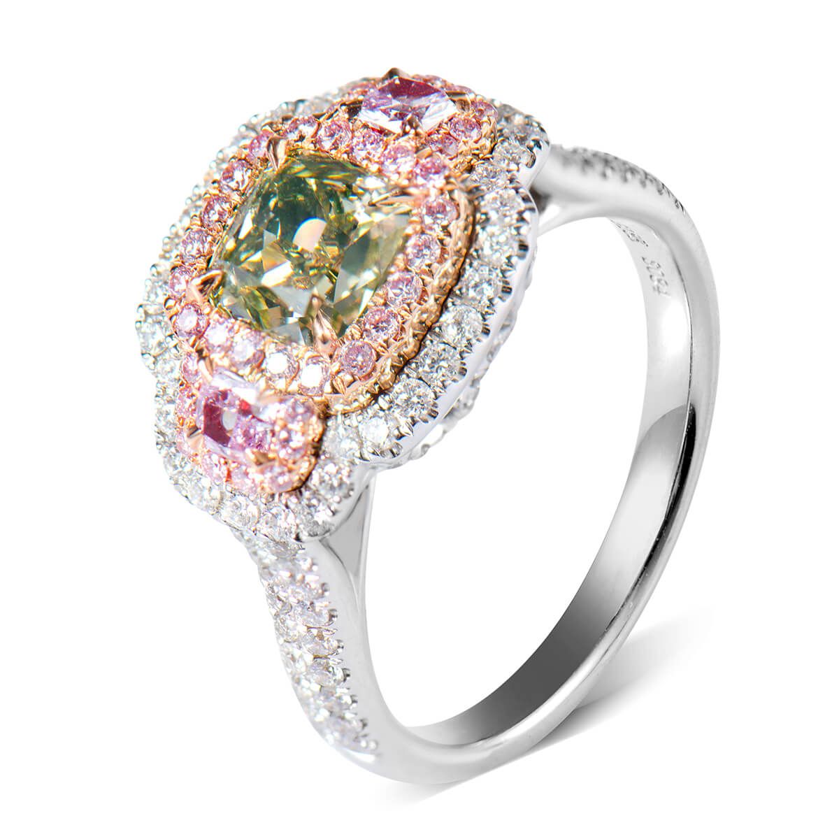 Fancy Grayish Greenish Yellow Diamond Ring, 1.93 Ct. TW, Cushion shape, GIA Certified, 2156011579