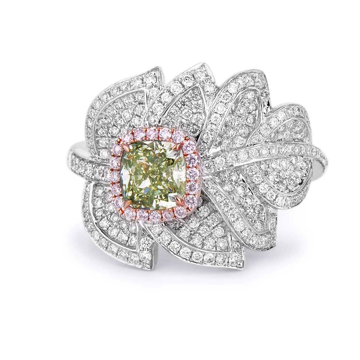 Fancy Light Greenish Yellow Diamond Ring, 1.44 Ct. TW, Cushion shape, GIA Certified, 6183308348