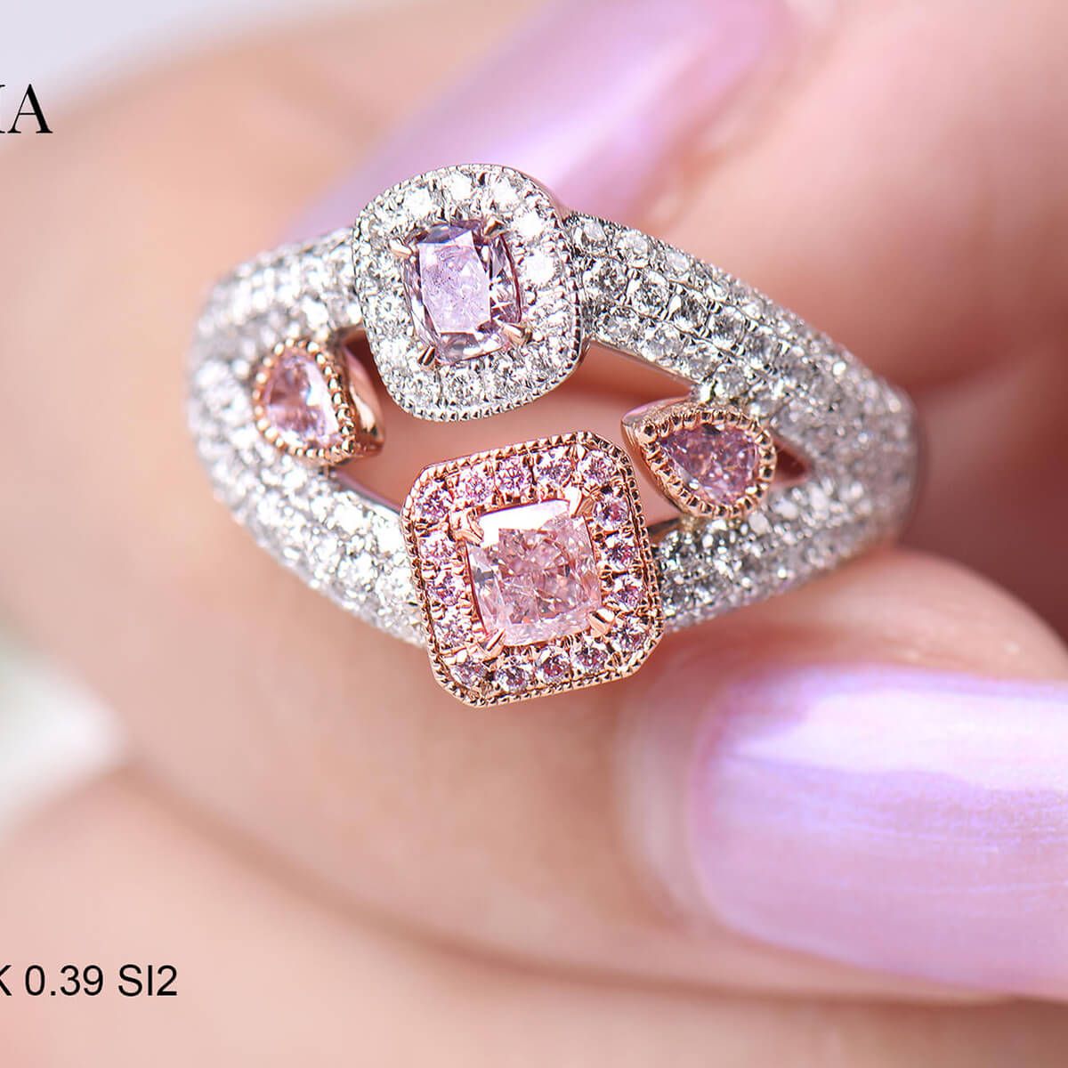 Light Pink Diamond Ring, 0.39 Ct. (1.27 Ct. TW), Cushion shape, GIA Certified, JCRF05330500