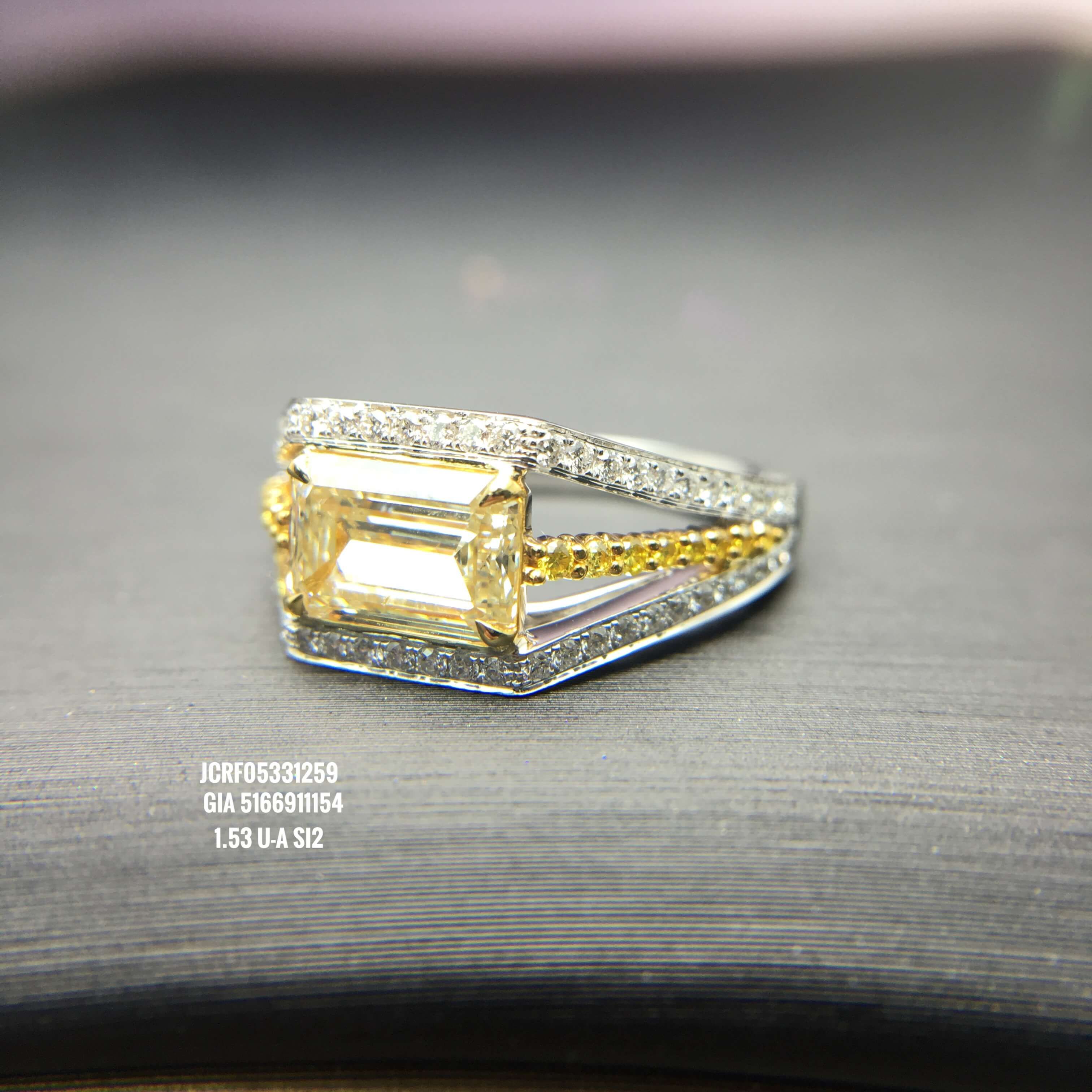 Light Yellow (U-V) Diamond Ring, 1.53 Ct. (1.97 Ct. TW), Emerald shape, GIA Certified, 5166911154