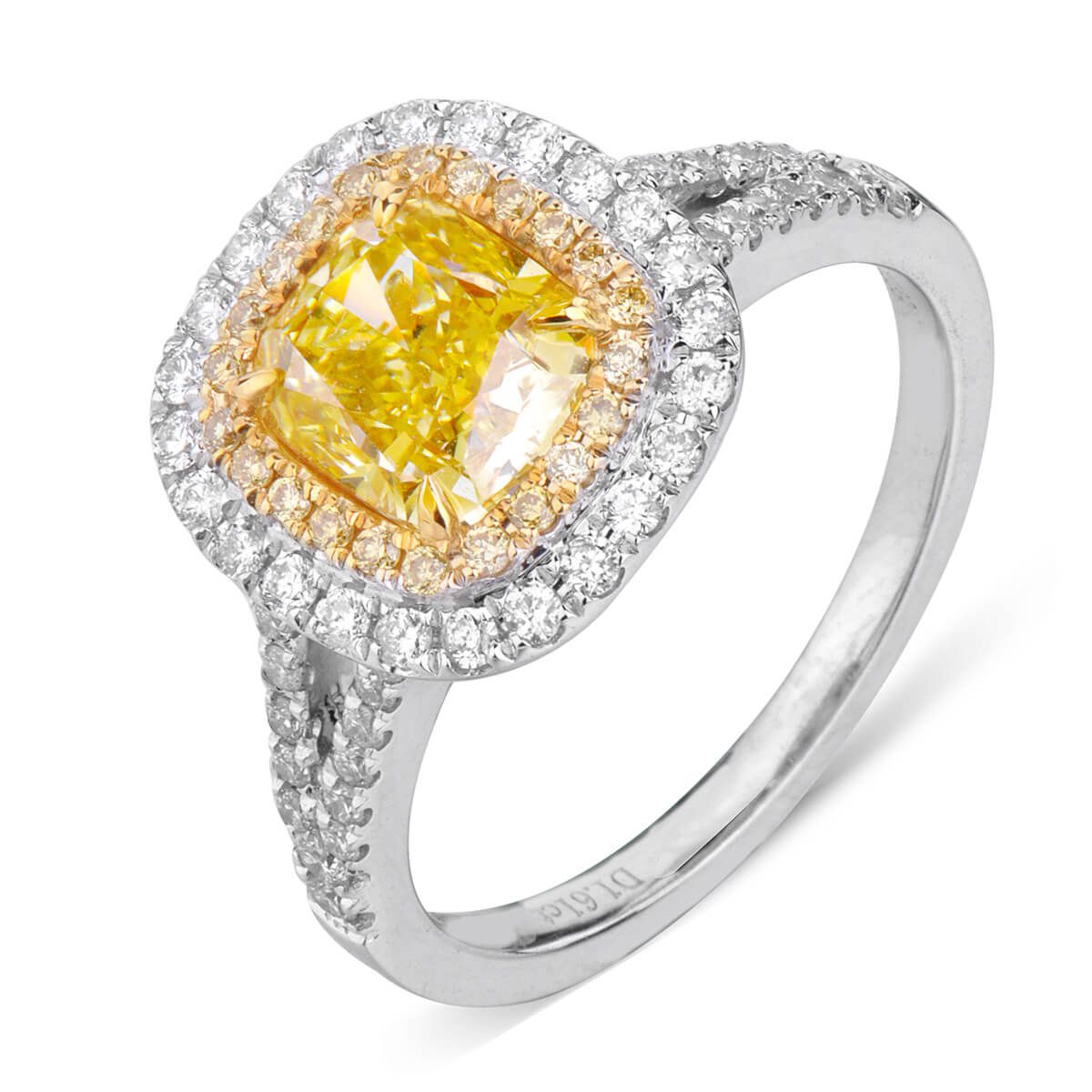 Fancy Intense Yellow Diamond Ring, 0.46 Carat, Cushion shape