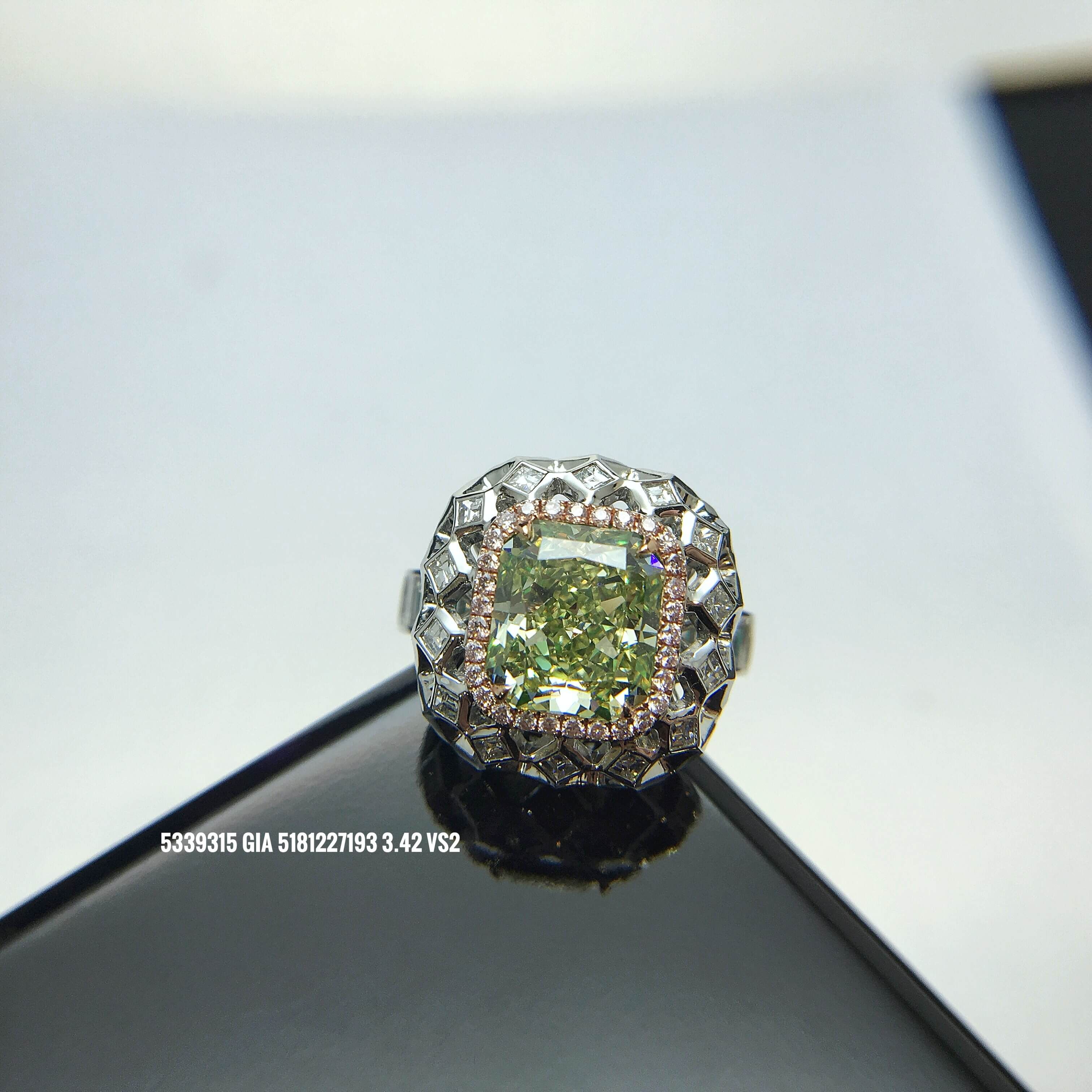 Fancy Green Yellow Diamond Ring, 3.42 Ct. (4.76 Ct. TW), Radiant shape, GIA Certified, 5181227193