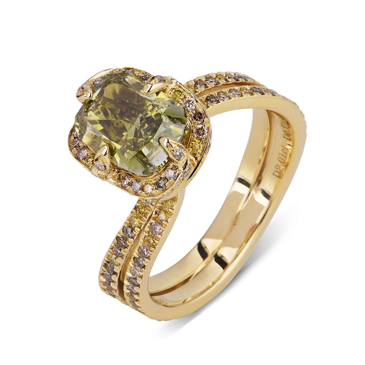 Fancy Deep Brownish Greenish Yellow Diamond Ring, 1.87 Ct. TW, Cushion shape, EG_Lab Certified, J5826173941