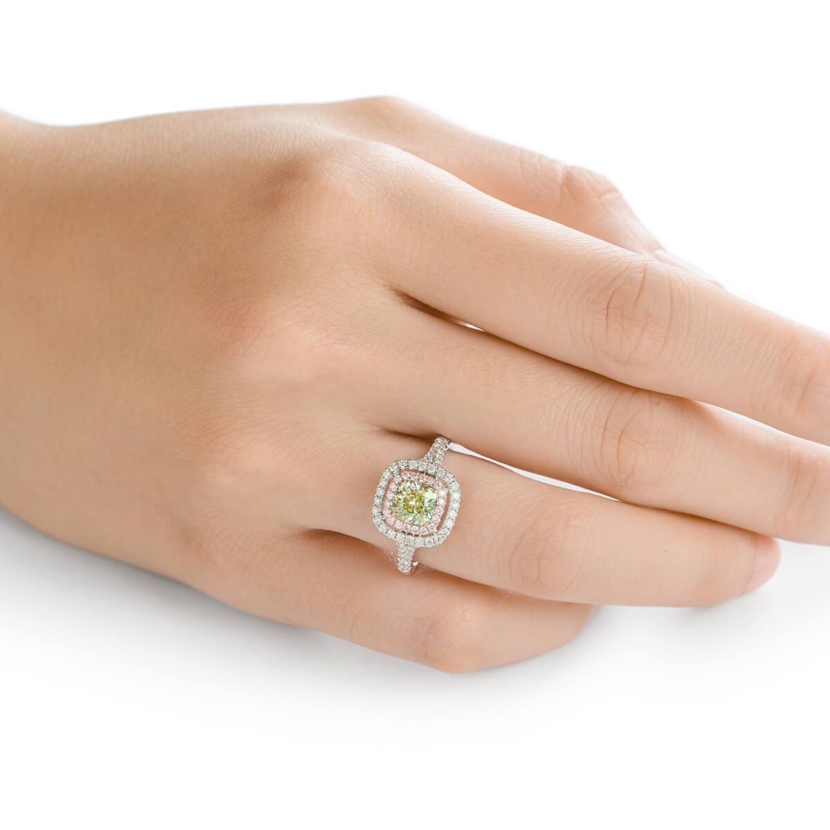 Fancy Grayish Yellowish Green Diamond Ring, 0.90 Ct. (1.39 Ct. TW), Cushion shape, GIA Certified, 2166847371