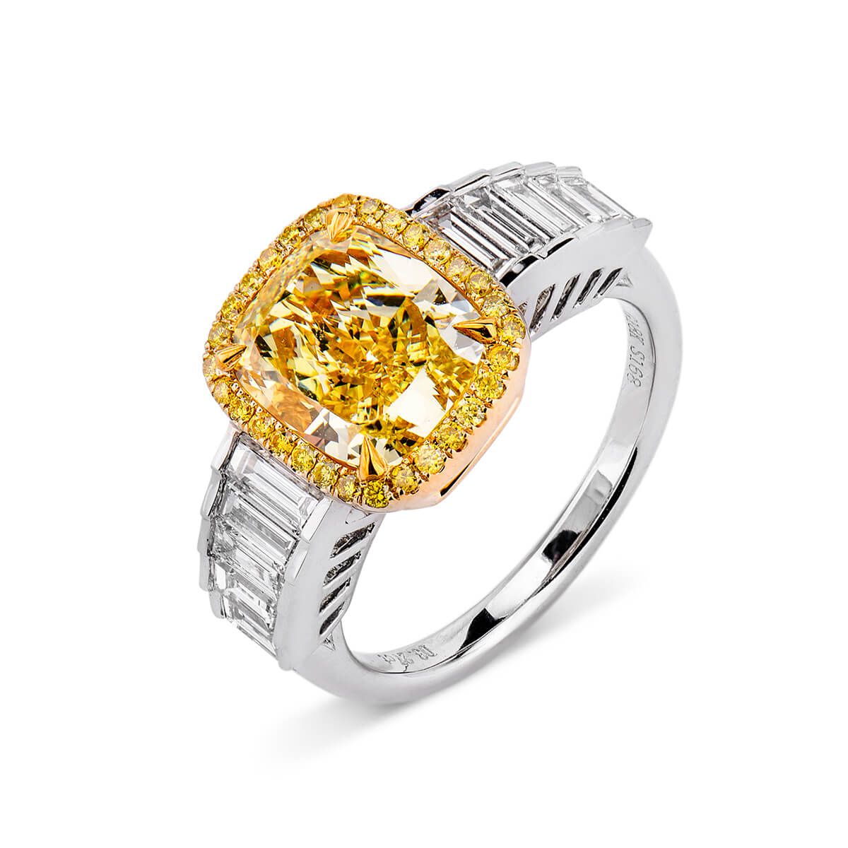 Fancy Intense Yellow Diamond Ring, 3.27 Ct. (4.19 Ct. TW), Cushion shape, GIA Certified, 2175137047