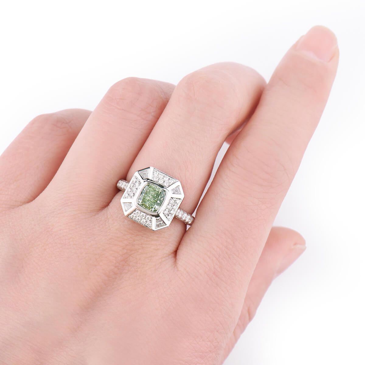 Fancy Light Grayish Yellowish Green Diamond Ring, 1.17 Ct. (1.84 Ct. TW), Cushion shape, GIA Certified, 1218978564