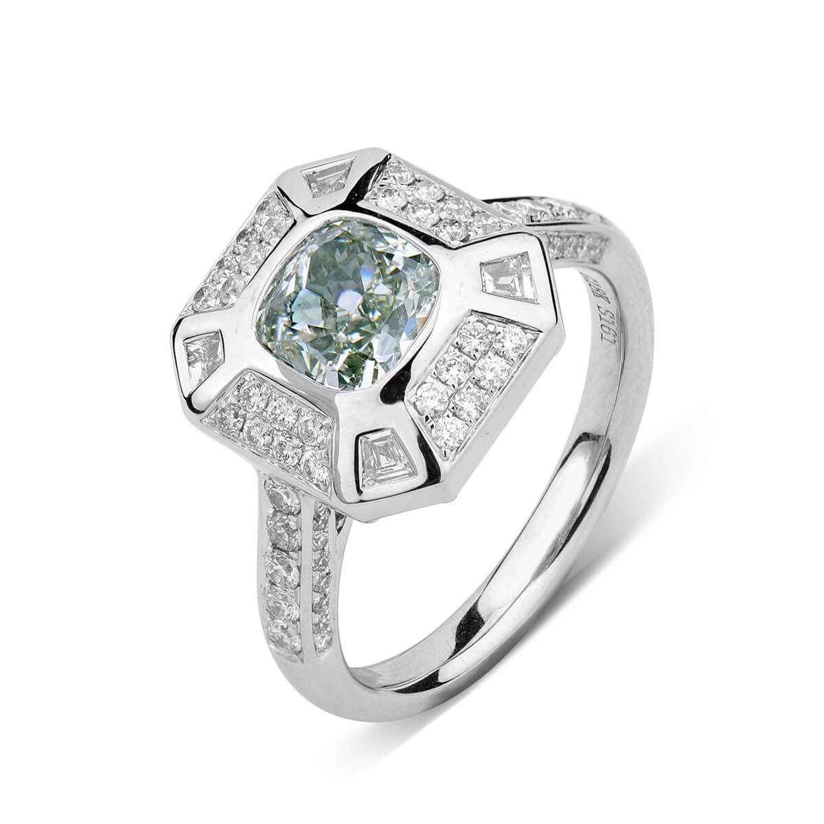 Light Yellow Green Diamond Ring, 1.47 Ct. (2.09 Ct. TW), Cushion shape, GIA Certified, 5182663154