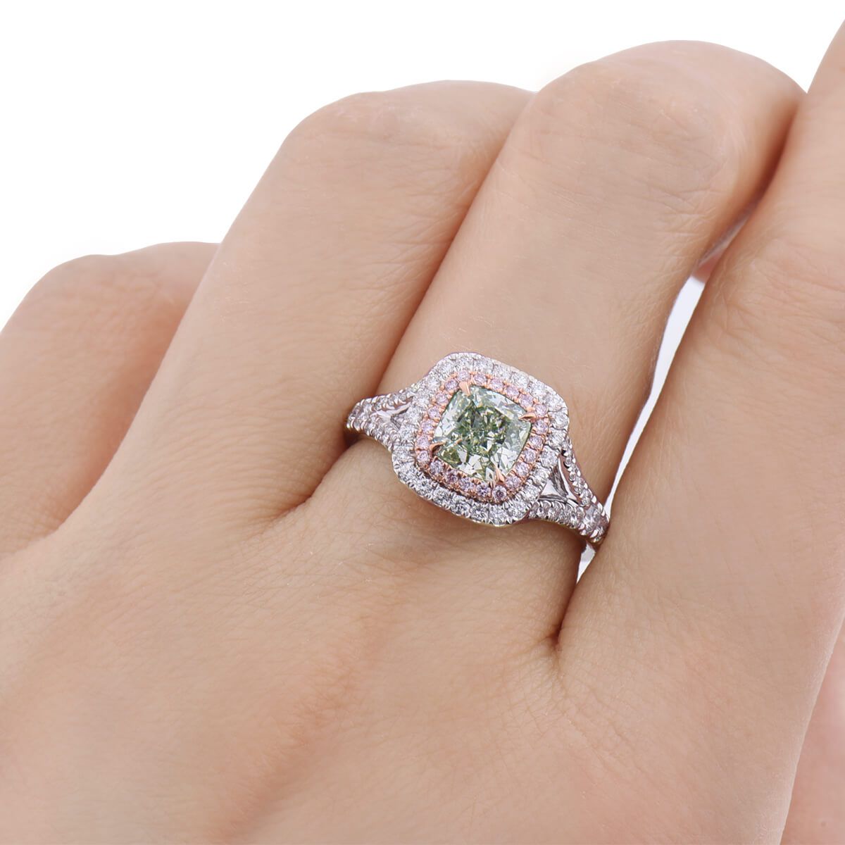 Light Yellow Green Diamond Ring, 1.22 Ct. (1.74 Ct. TW), Cushion shape, GIA Certified, 2183610683